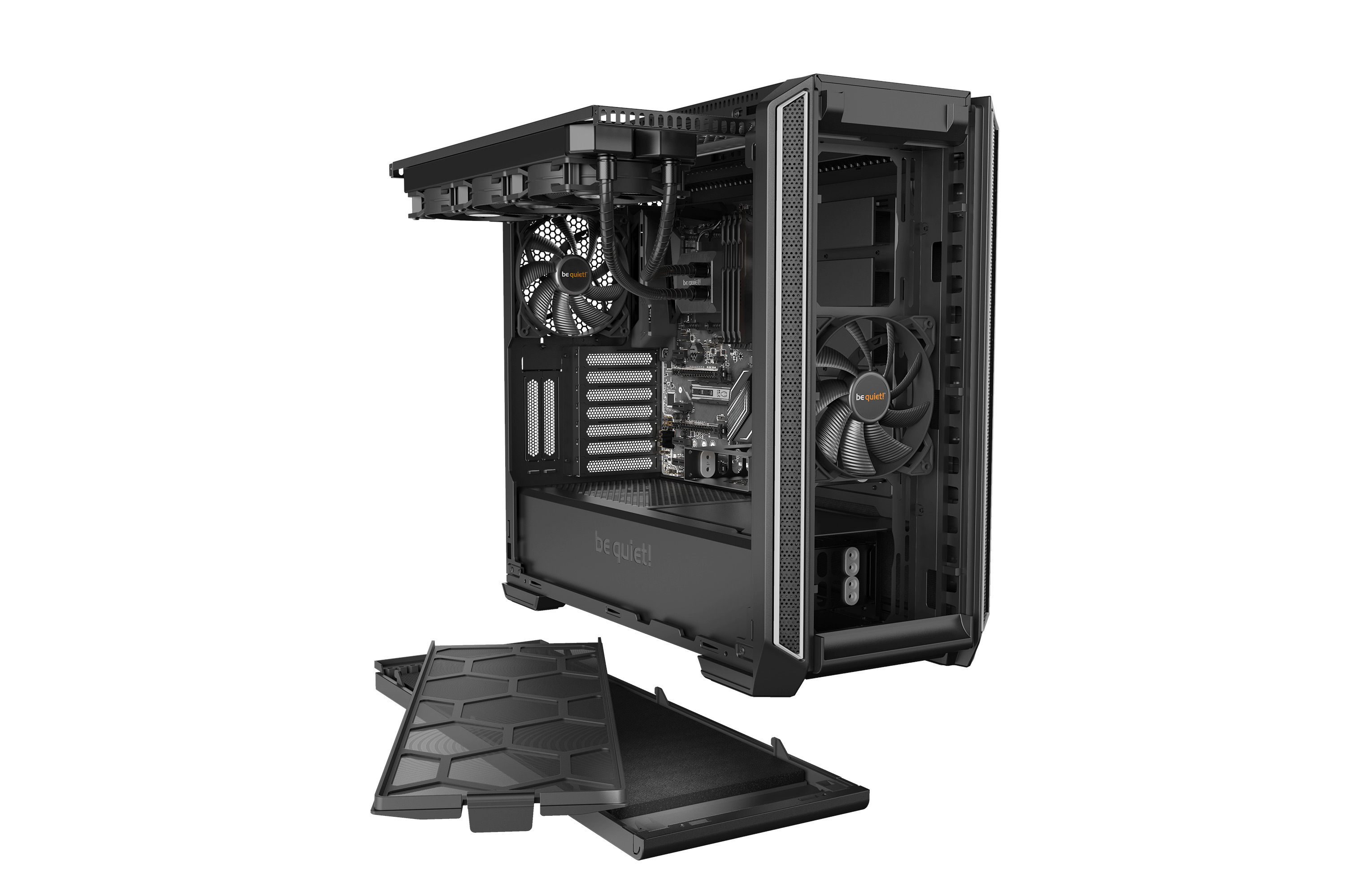 Case per computer nero con il pannello laterale aperto, che rivela l'interno e alcuni componenti.