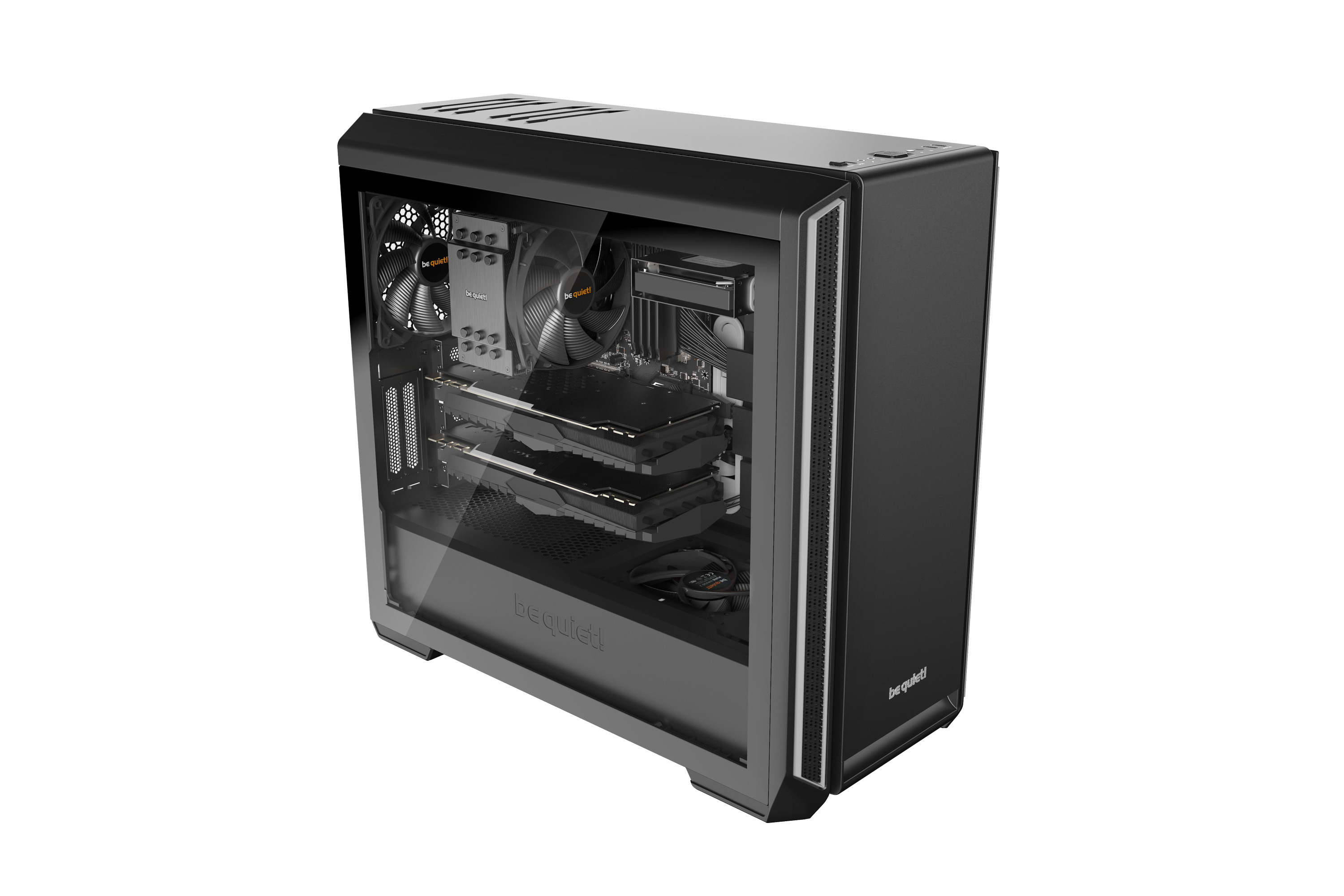 Case per computer nero con componenti visibili all'interno, tra cui GPU e ventole.