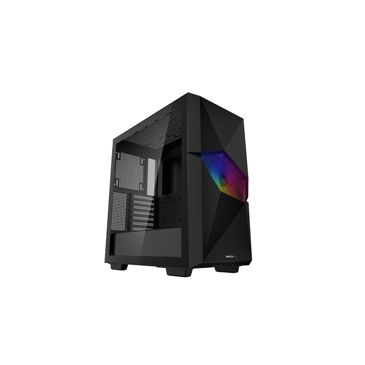 Case per PC nero con design frontale angolato e luci RGB. Visto da un'angolazione.