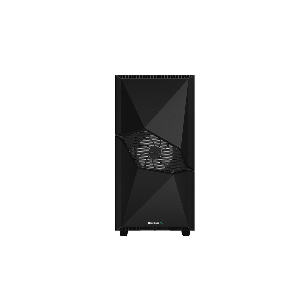 Case PC nero con ventola nera e logo DeepCool in basso.
