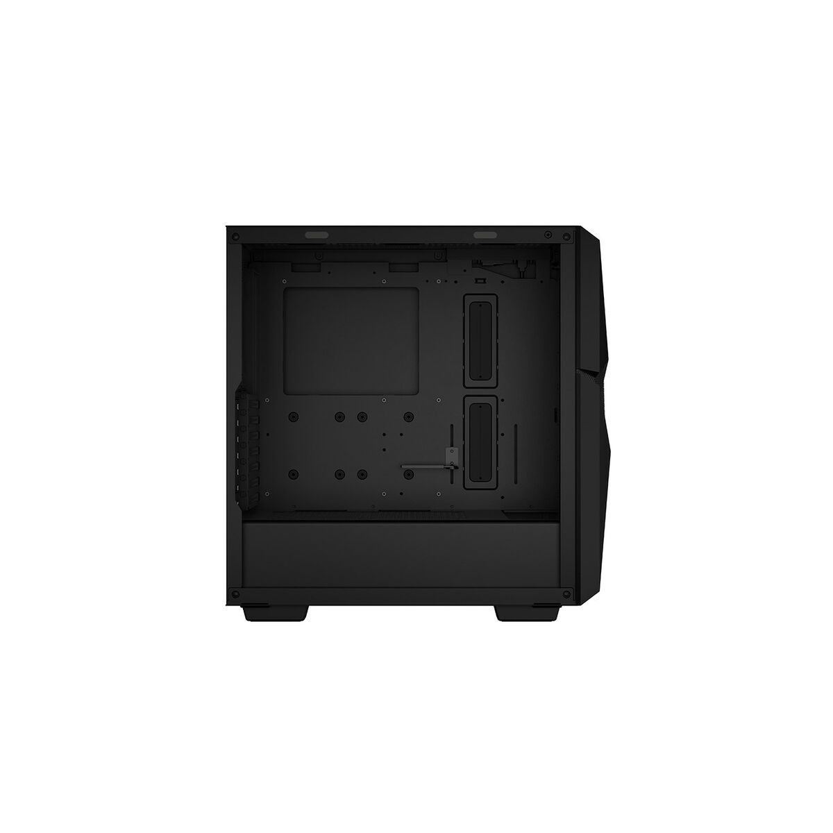 Interno di un case PC nero, vuoto con punti di montaggio e aperture visibili per i componenti.