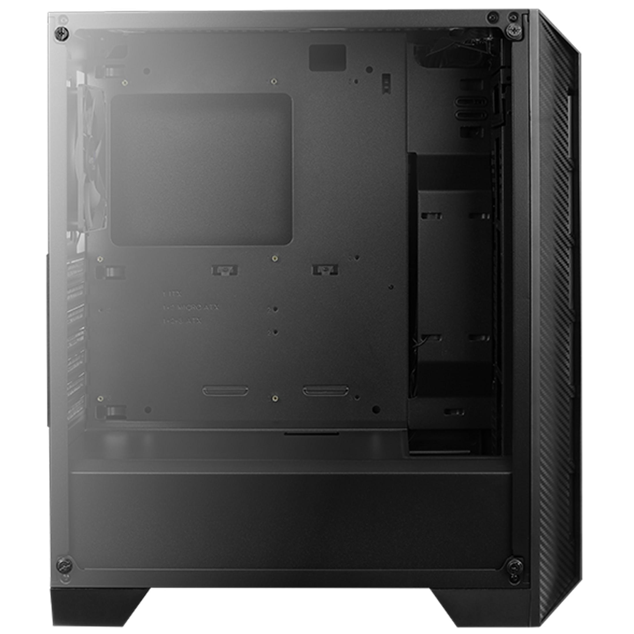 Schwarzes PC-Gehäuse mit Glas-Seitenwand, zeigt interne Komponenten.