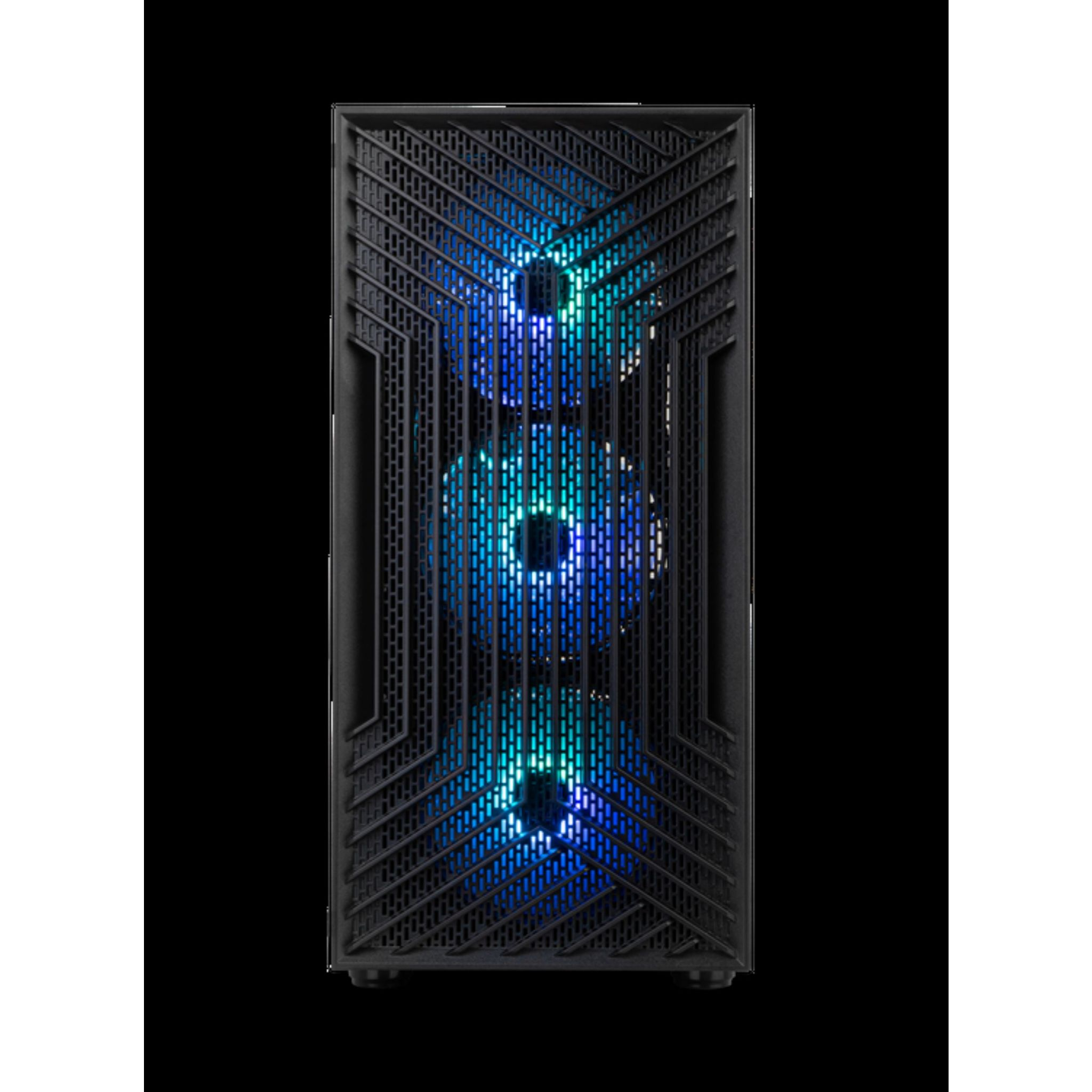 Czarny przód obudowy komputera z trzema podświetlanymi wentylatorami, z niebieskimi i zielonymi światłami.