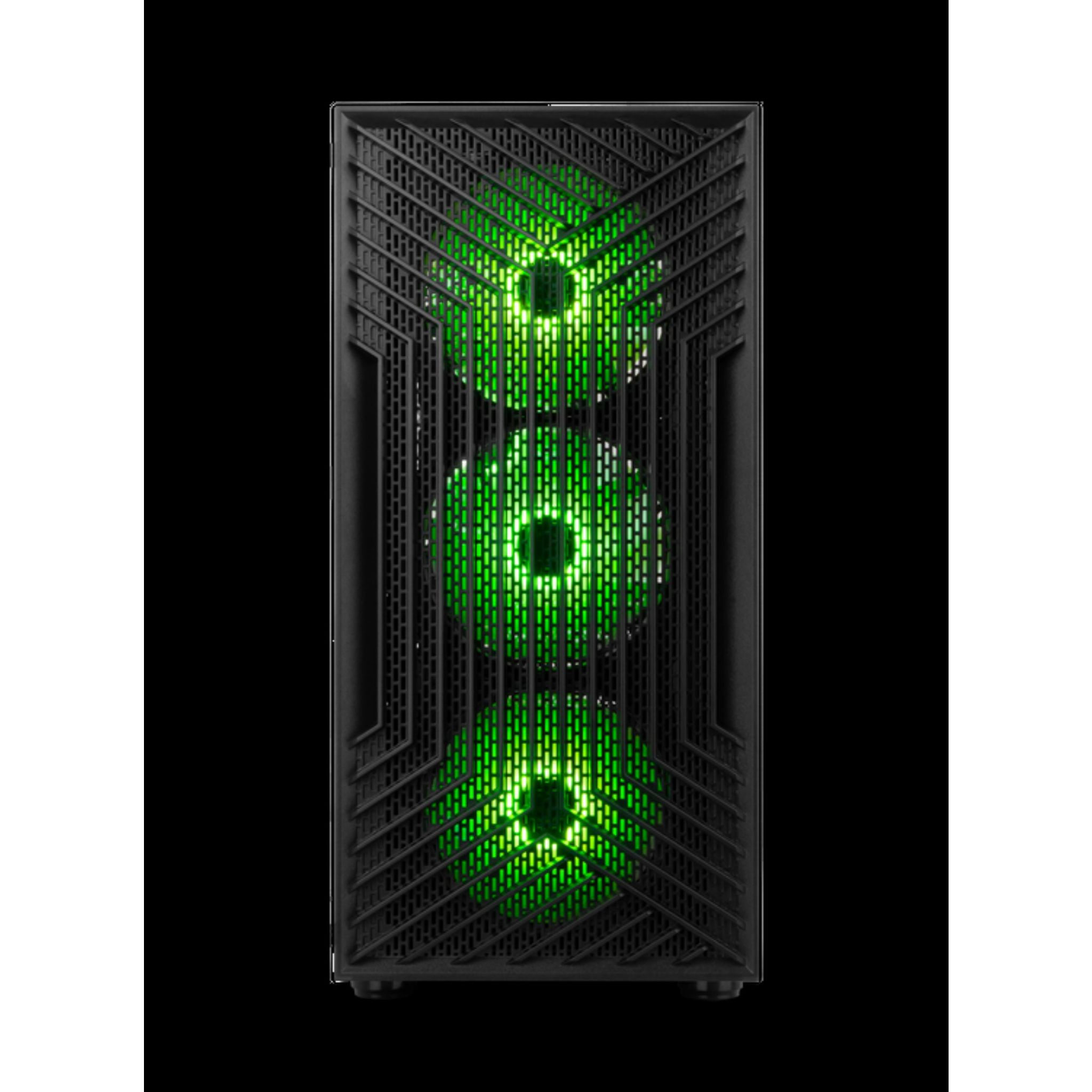 Czarny przód obudowy komputera z trzema podświetlanymi wentylatorami emitującymi zielone światło.