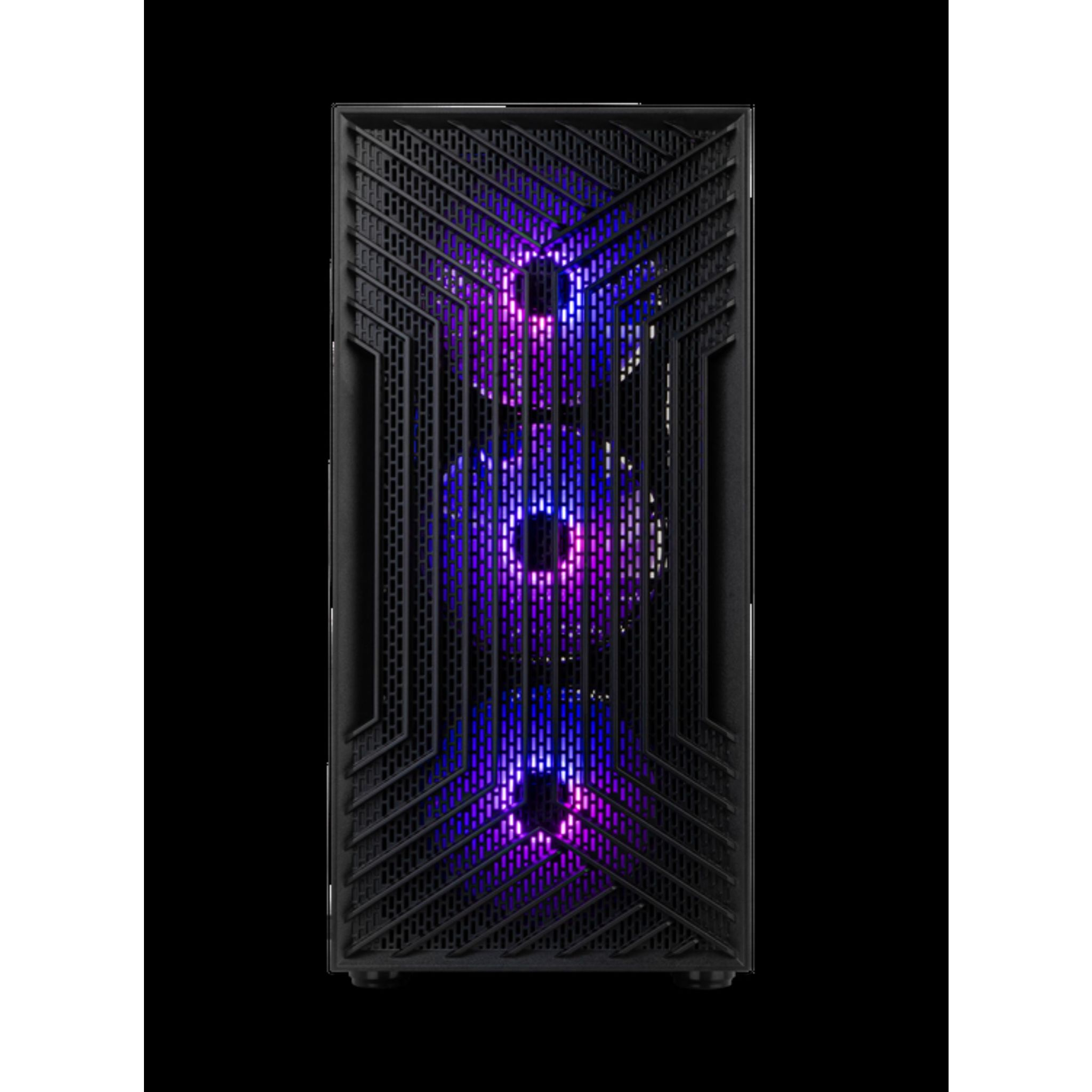Widok z przodu czarnej obudowy komputera z podświetlanymi wentylatorami. Wentylatory świecą na fioletowo i niebiesko.