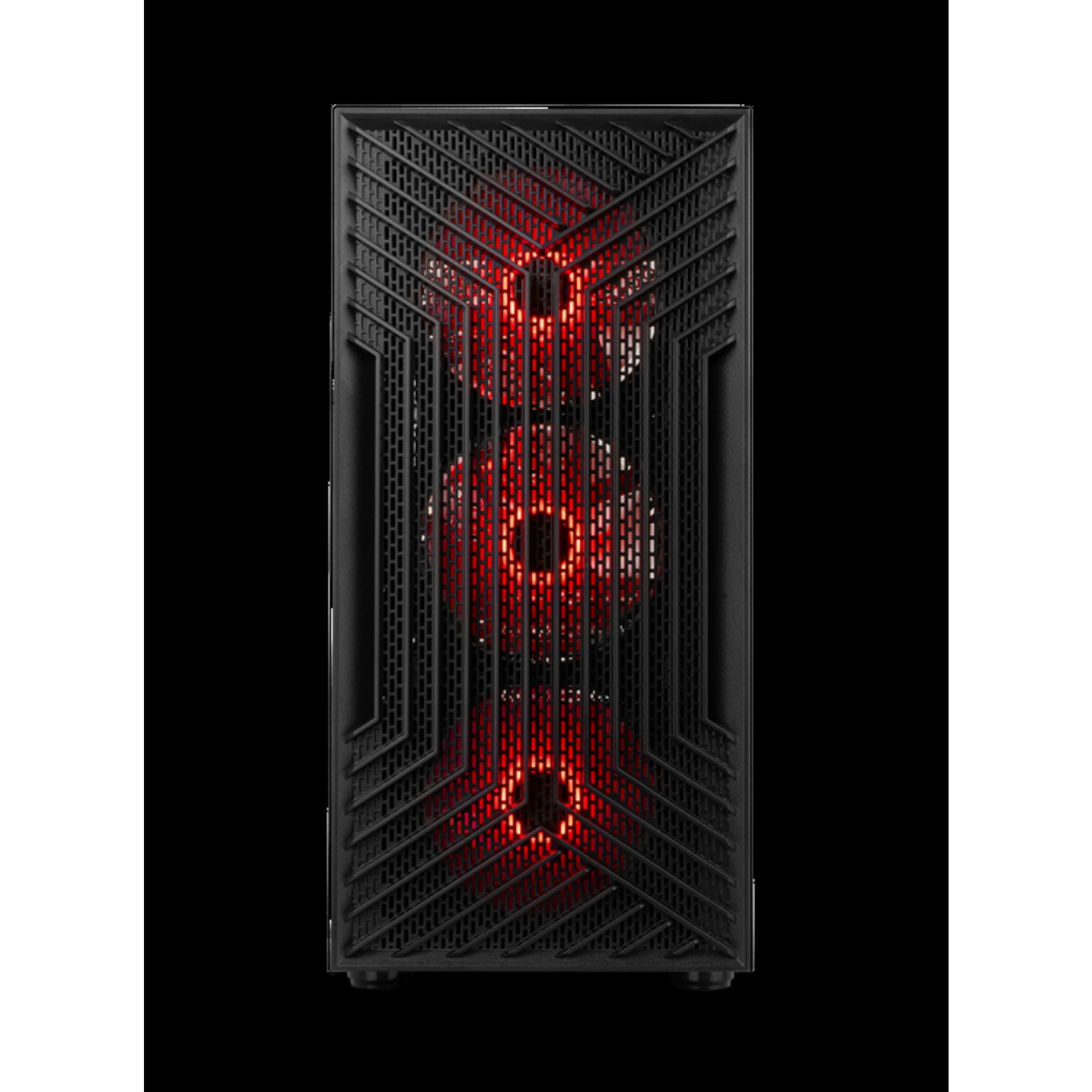 Czarna obudowa PC z przodu, z trzema czerwono podświetlanymi wentylatorami za siatką.