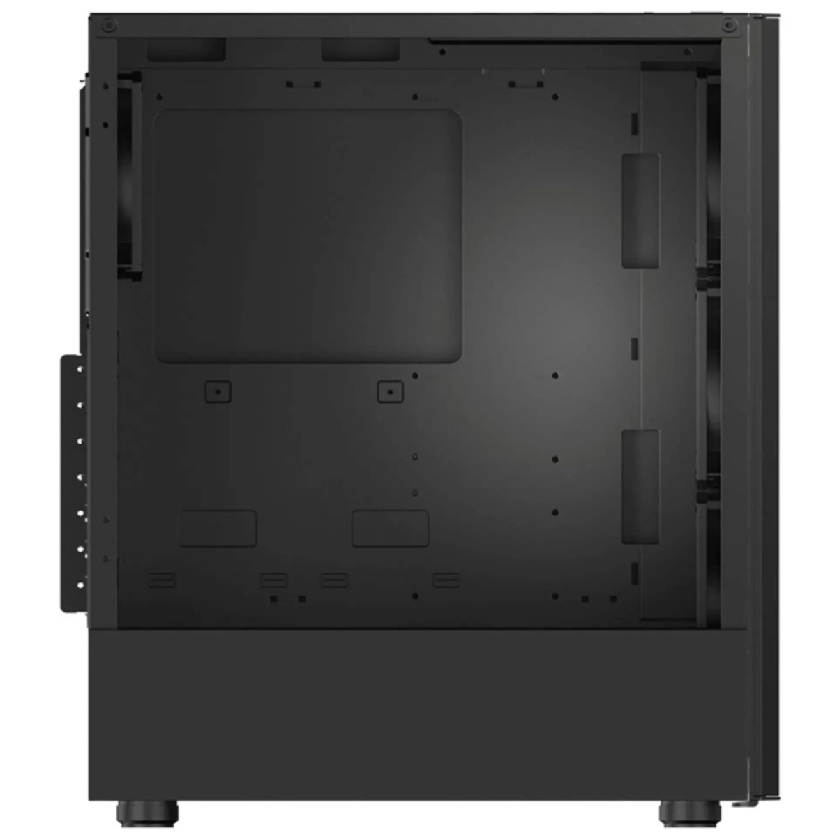 Schwarzes PC-Gehäuse innen. Keine Komponenten installiert. Lüfterhalterungen und Elemente sichtbar.