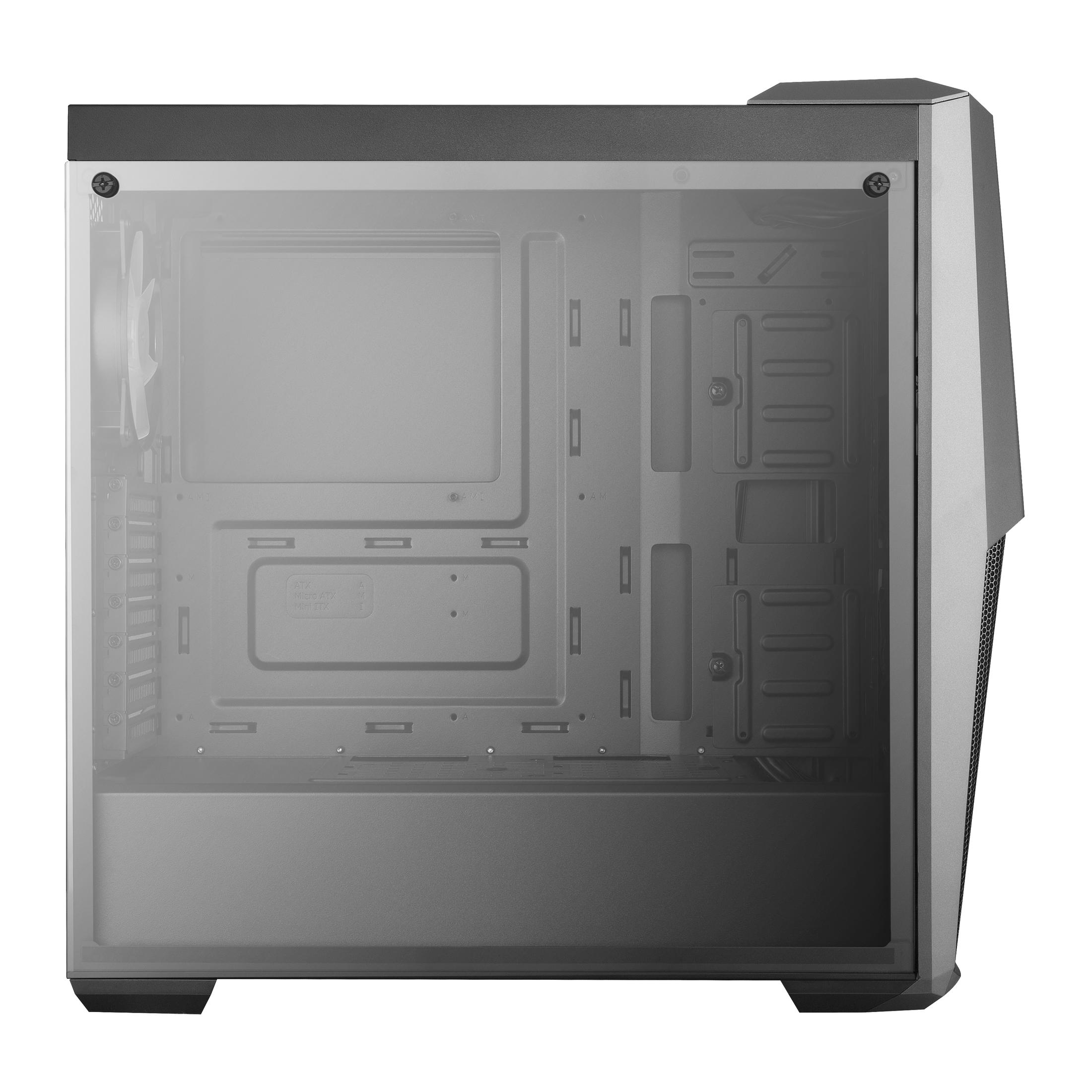 Un case per computer, vista laterale, con un pannello laterale trasparente, che rivela i componenti interni.