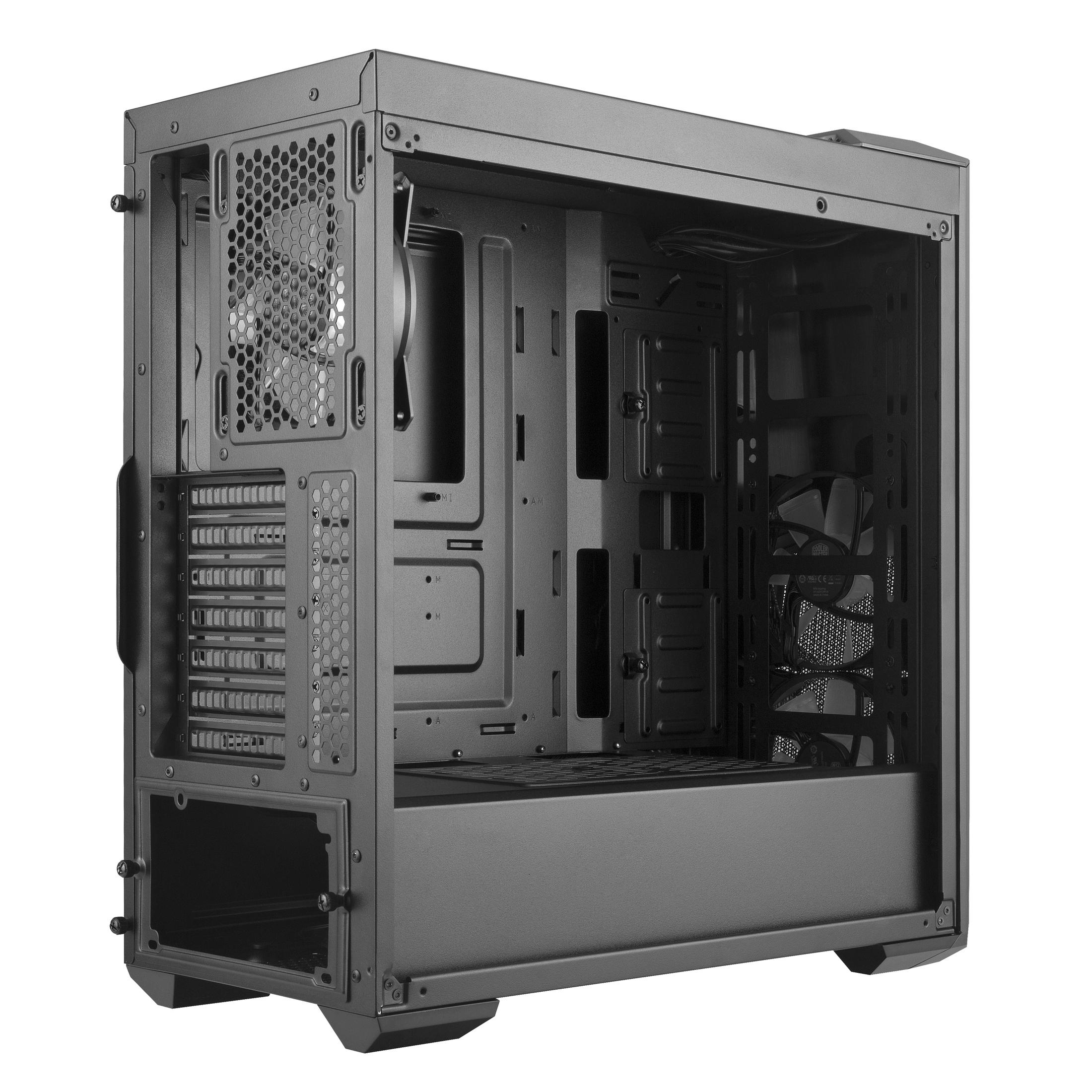 Un case per computer nero aperto. Il case è vuoto, mostrando la struttura interna, le ventole e il montaggio.