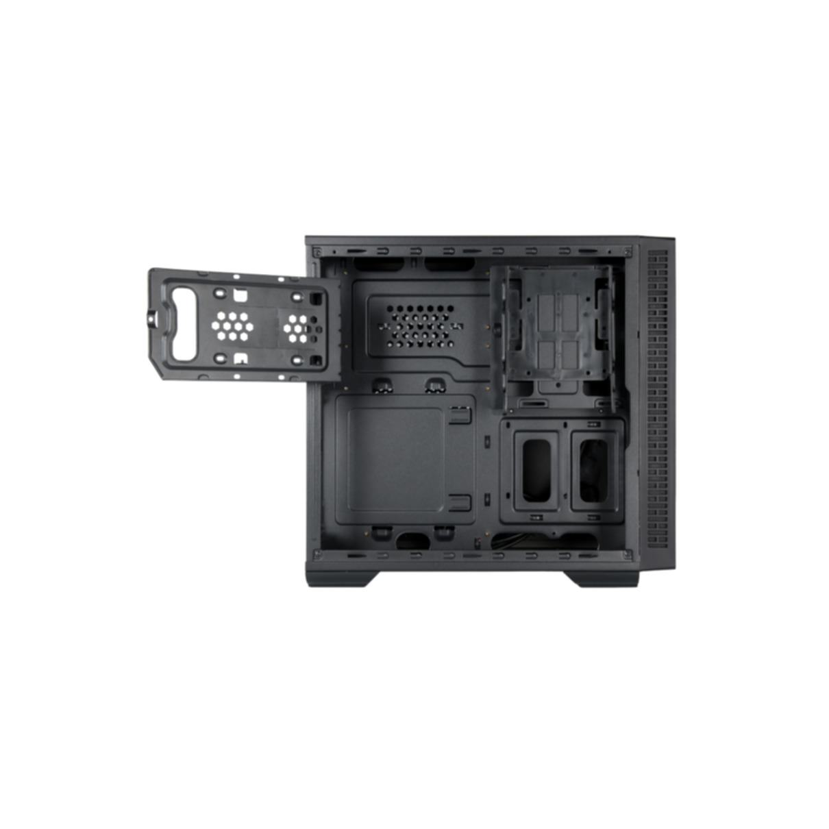 Wnętrze czarnej obudowy komputera PC z otwartym panelem bocznym. Pokazuje gniazda, mocowanie wentylatora i pustą przestrzeń.