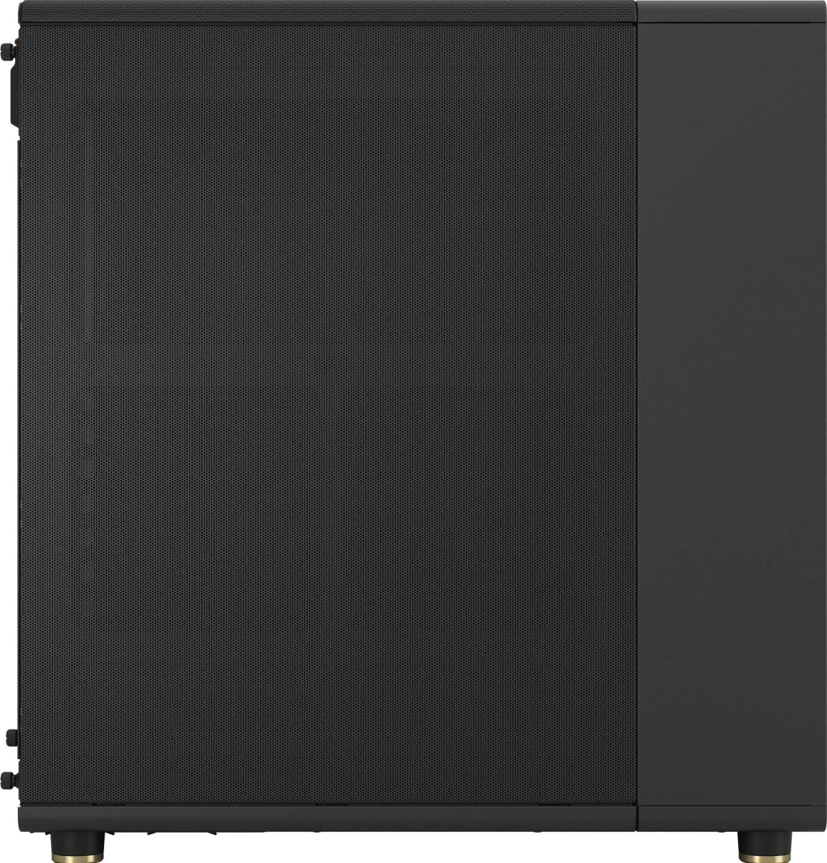 Black PC case, textured front, side panel and gold feet.