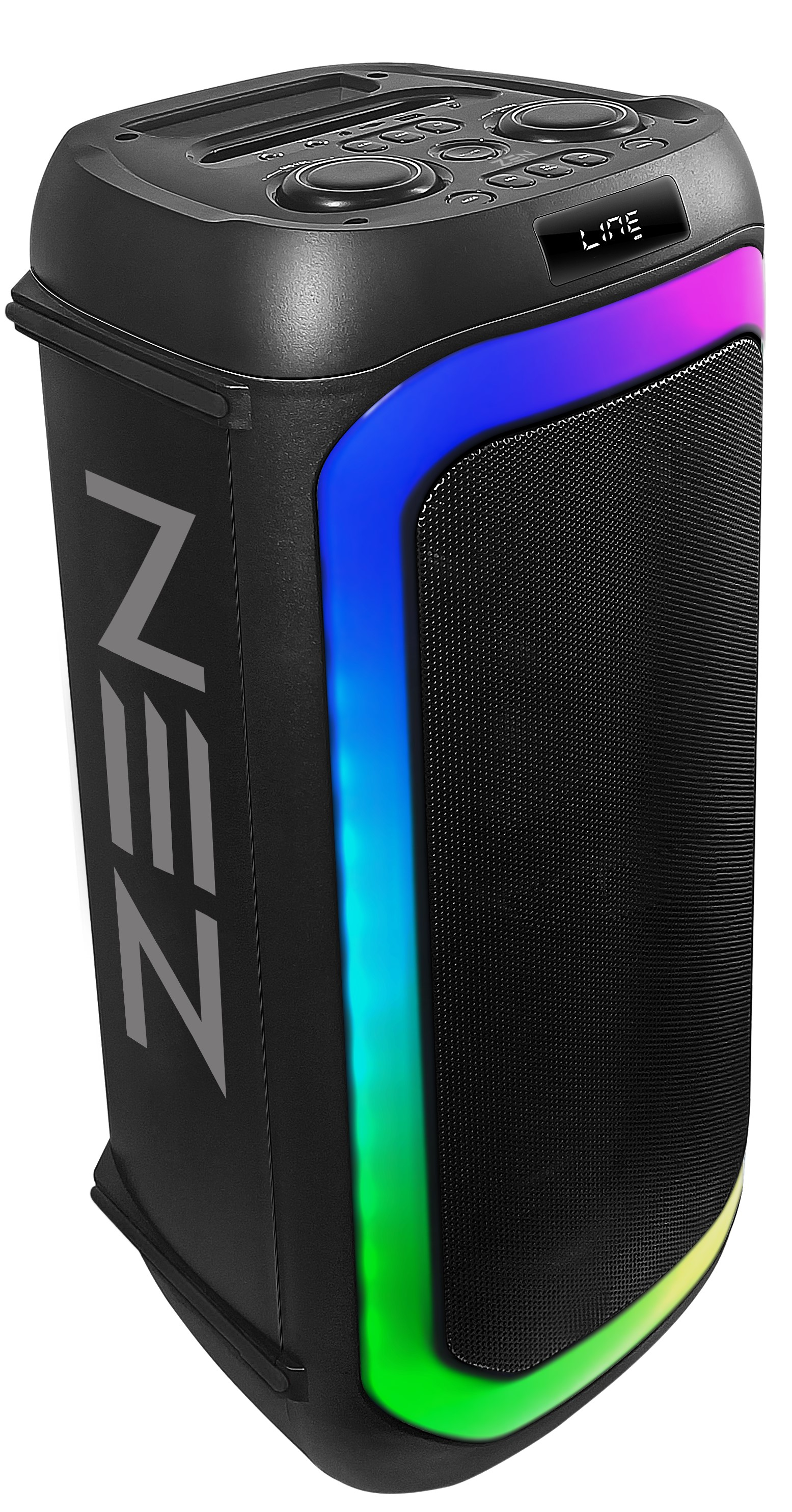 Altoparlante nero con luci a LED colorate, la parola 'ZEN' è visibile.