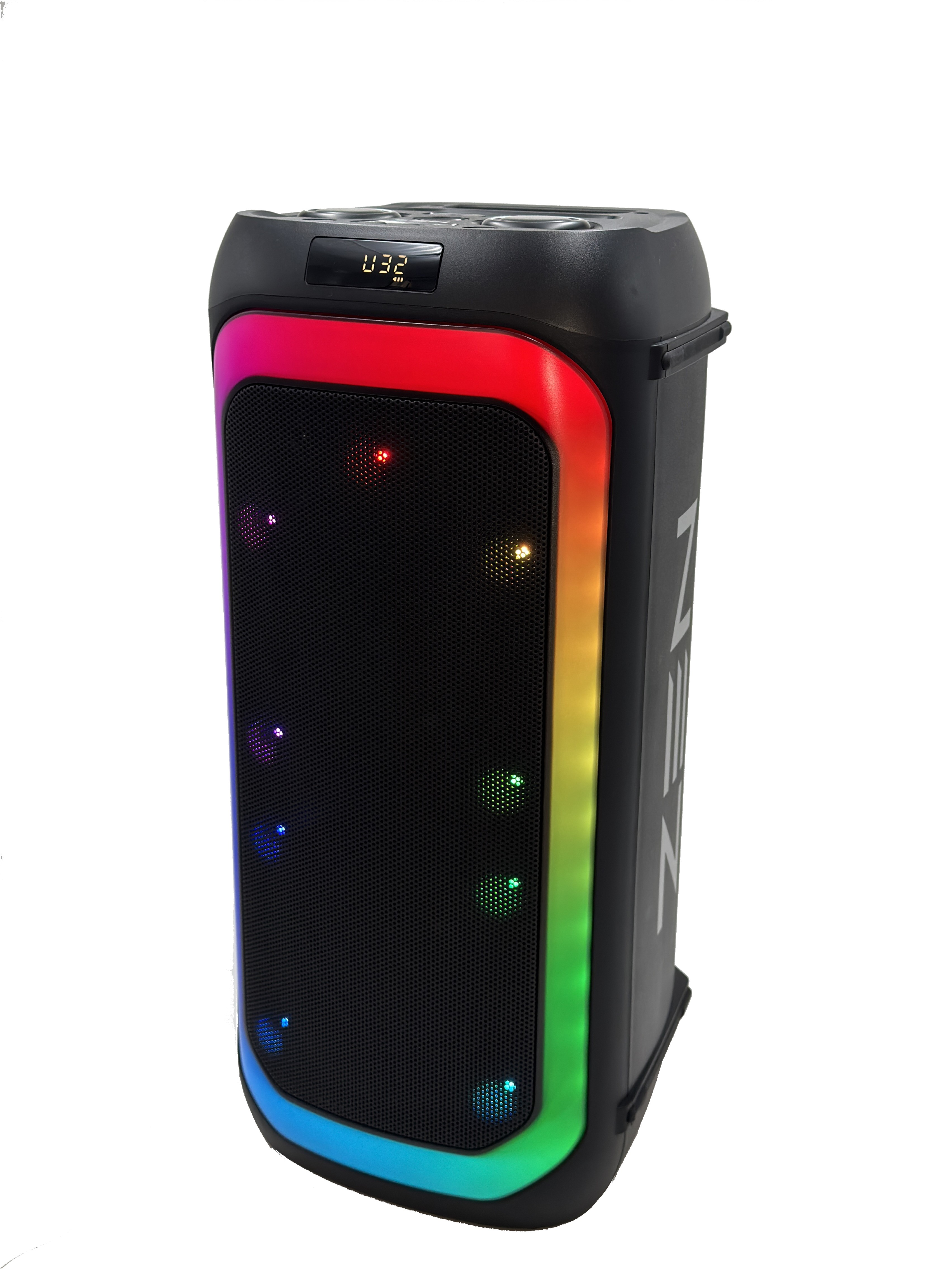Un altoparlante nero con una striscia luminosa a LED arcobaleno. L'altoparlante ha un display e la parola ZEN.