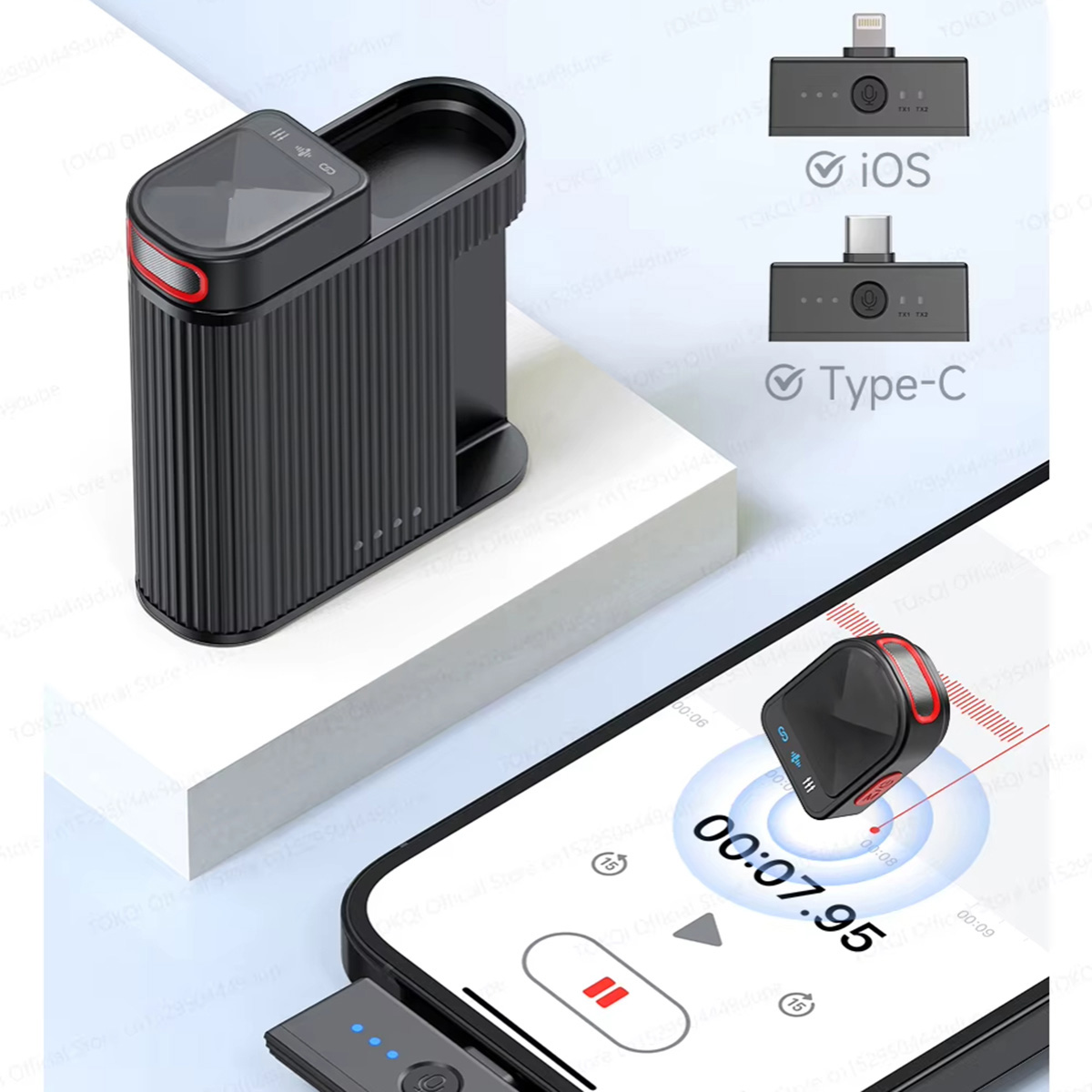 Dispositivo de micrófono inalámbrico con dos receptores. Se muestran conectores iOS y Tipo-C.
