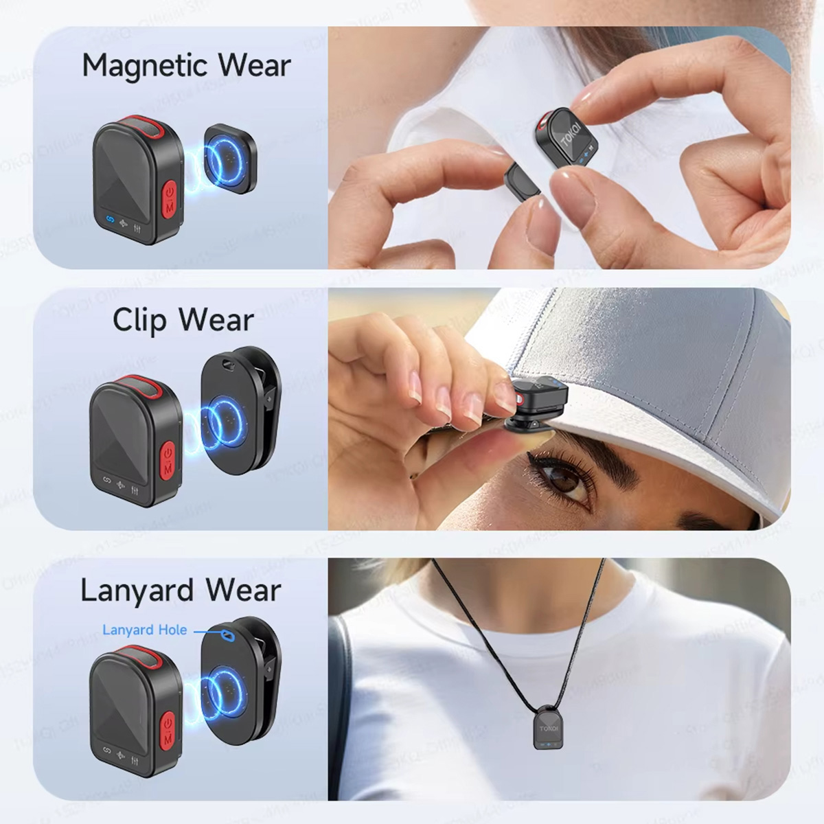 Diagrama que muestra diferentes formas de usar un pequeño dispositivo negro: magnético, clip y cordón.