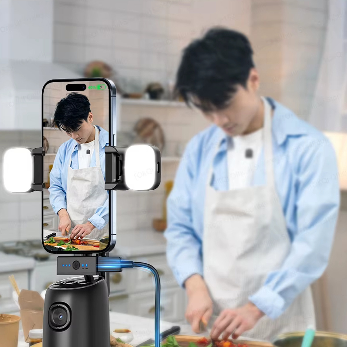 Un hombre filmando cocina con un teléfono y luces de anillo. Un teléfono muestra la grabación.