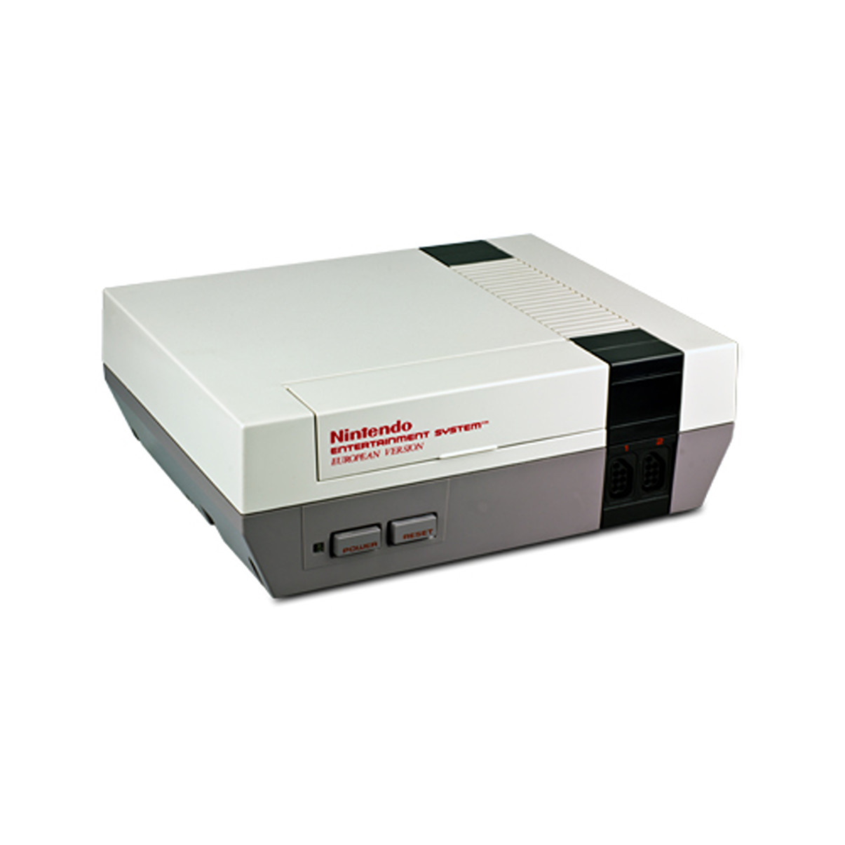 Eine grau-weiße Nintendo Entertainment System-Konsole, mit dem Nintendo-Logo sichtbar.