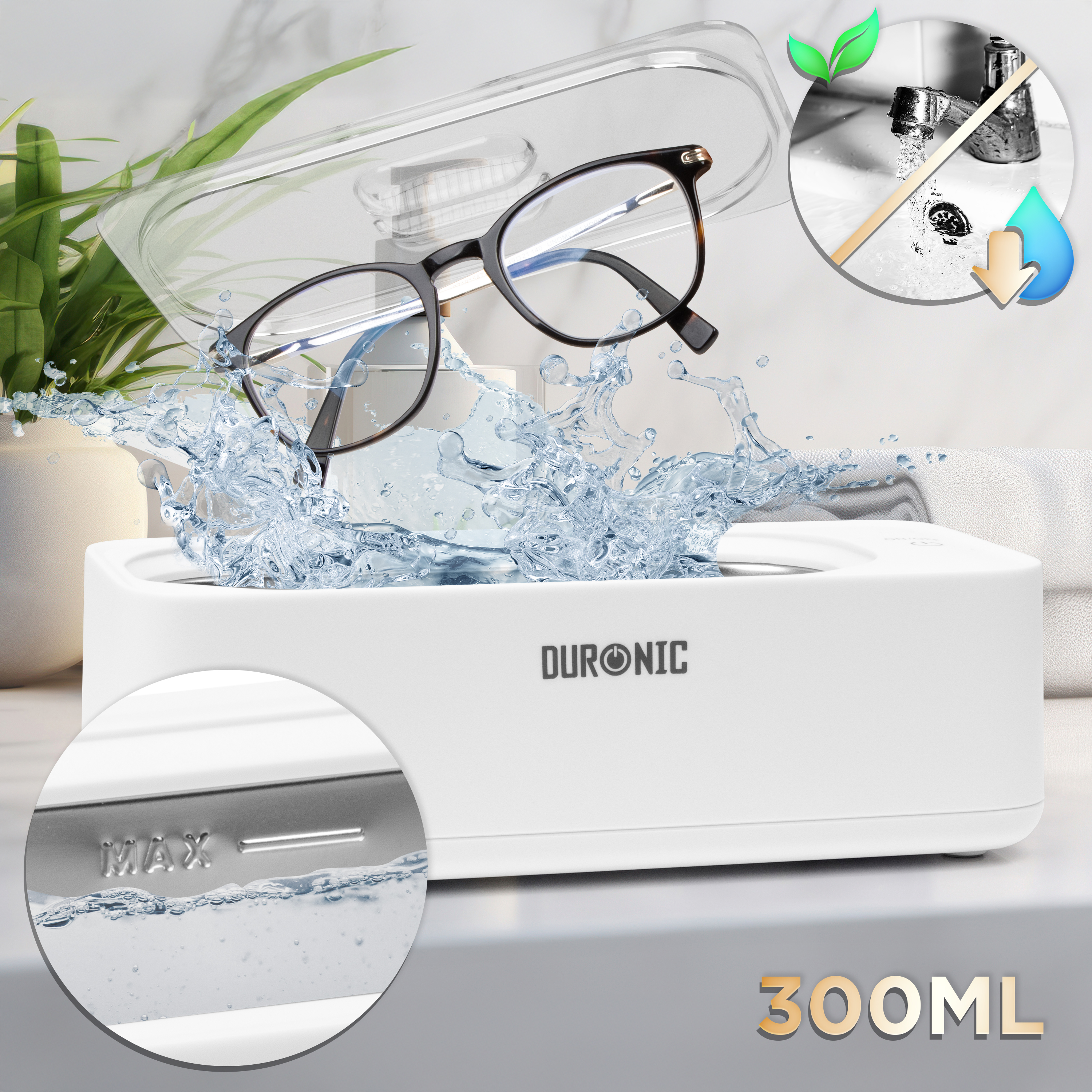 Weißer Ultraschallreiniger mit Brille, Wasser und Bürste. Text: MAX und 300ML.