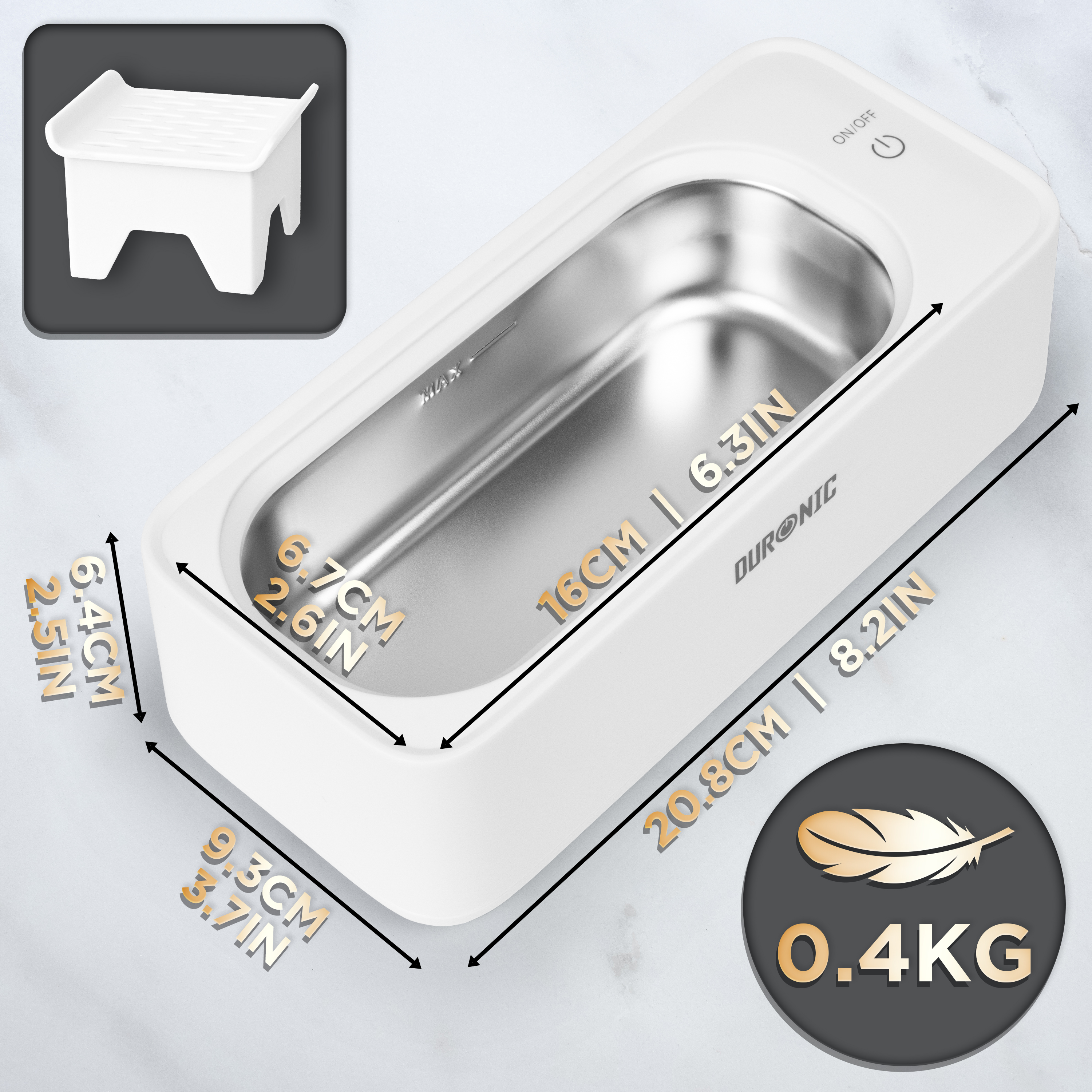 Ein weißer Ultraschallreiniger mit Abmessungen und einem kleinen Tablett. Das Gewicht beträgt 0,4 kg.