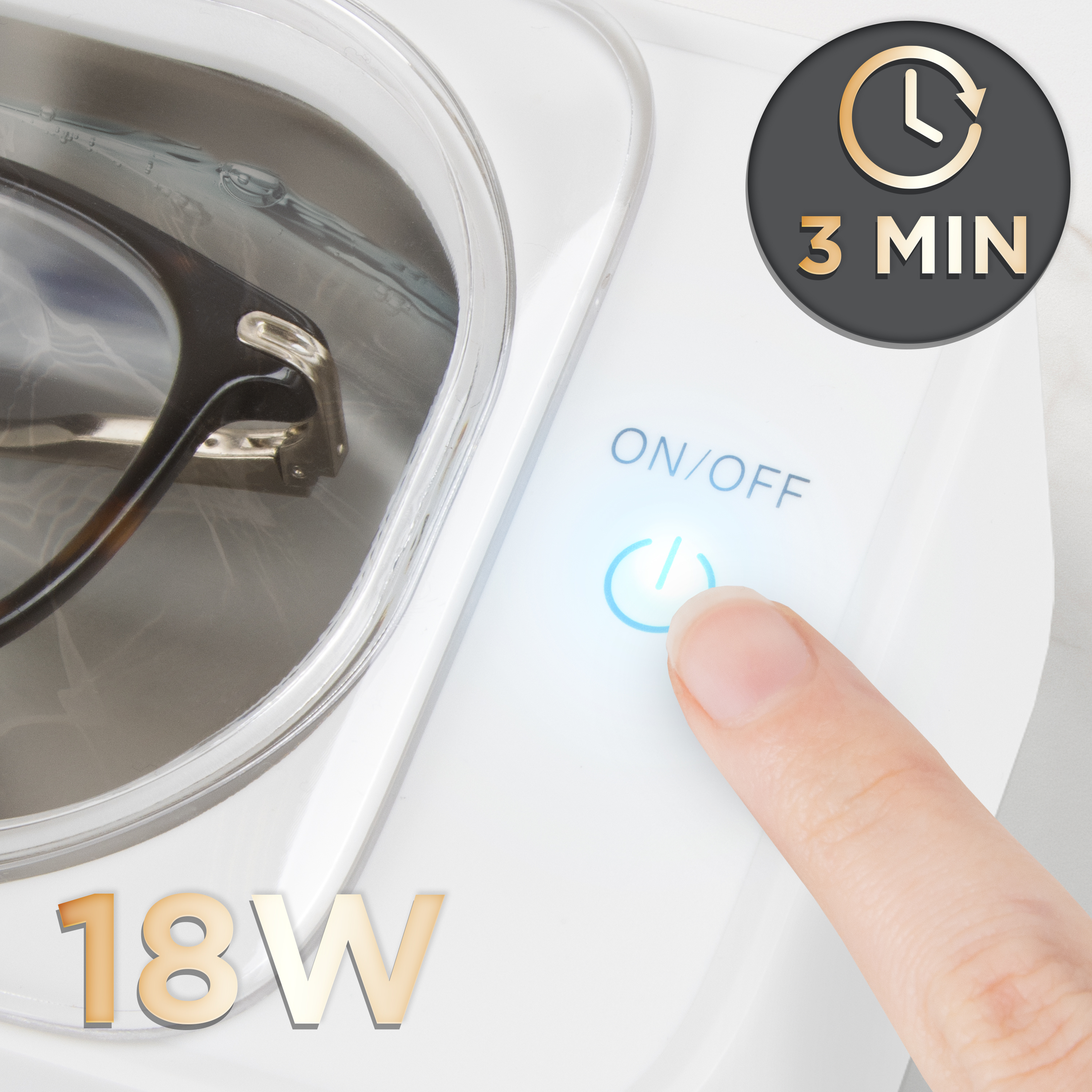 Reinigungsgerät mit Brille, Knopf und Timer.