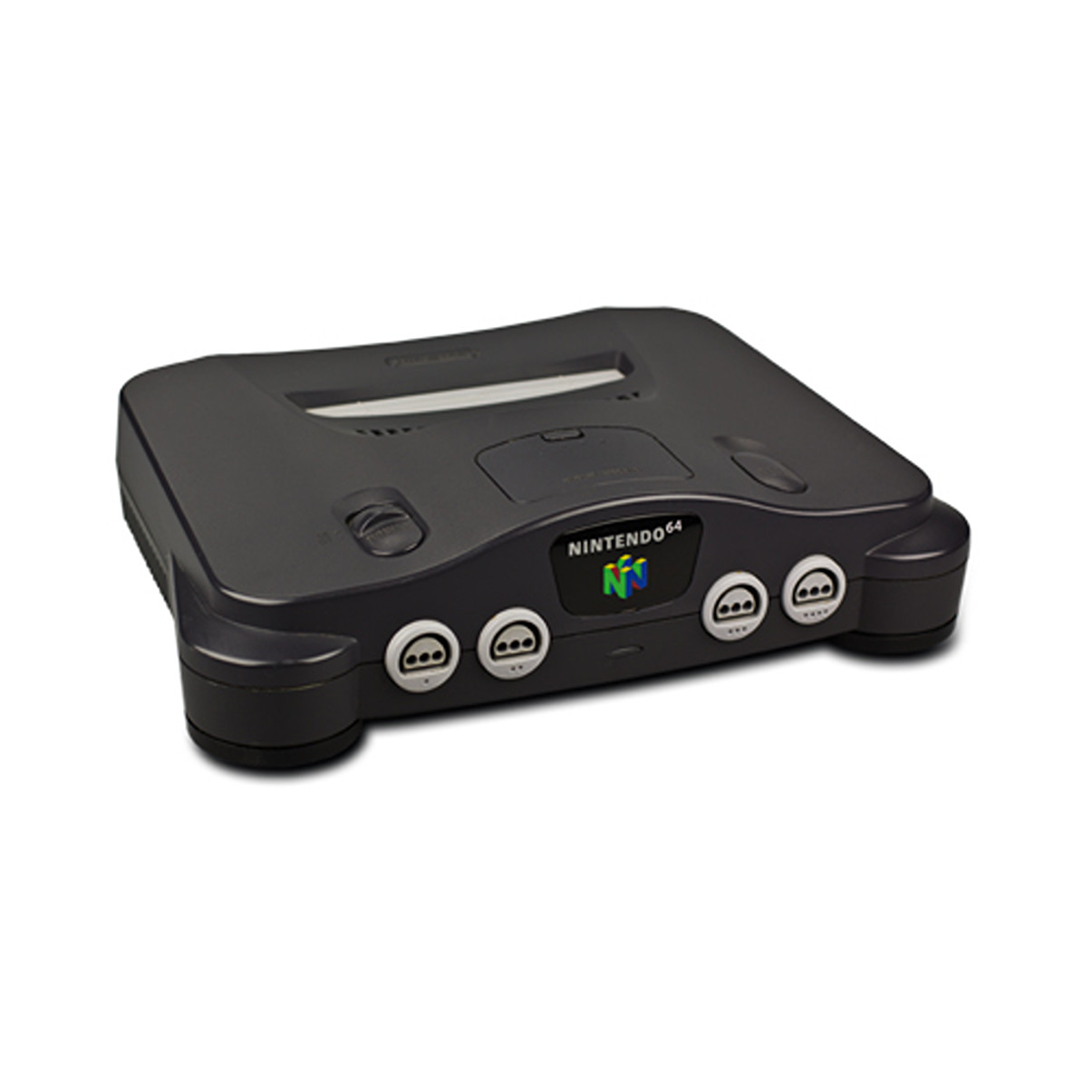Eine graue Nintendo 64 Konsole mit schwarzem Oberteil. Sie hat ein Nintendo 64 Logo und Controller Anschlüsse.