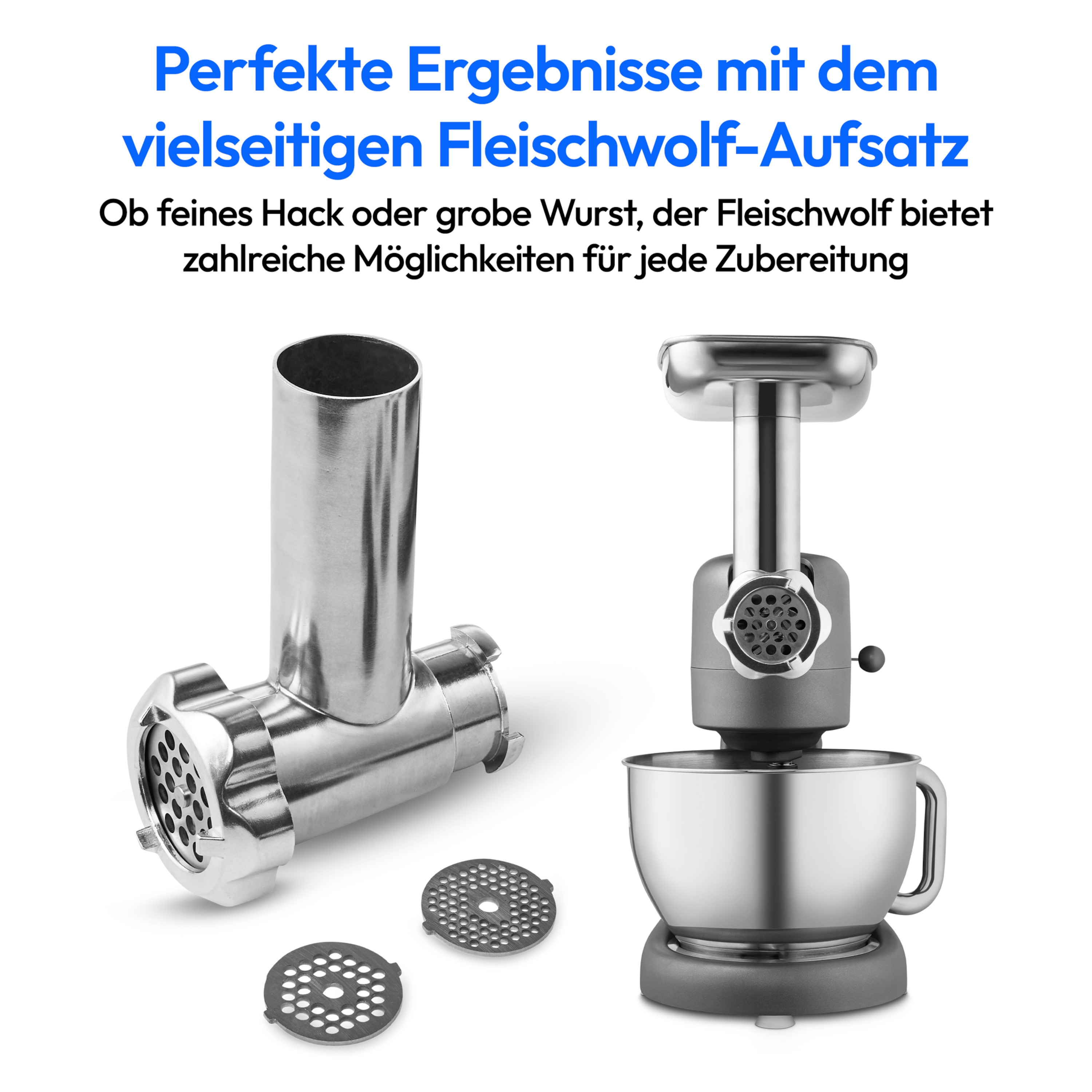 Ein Fleischwolf und Zubehör werden gezeigt. Der Text lautet: Perfekte Ergebnisse mit dem vielseitigen Fleischwolf-Aufsatz.