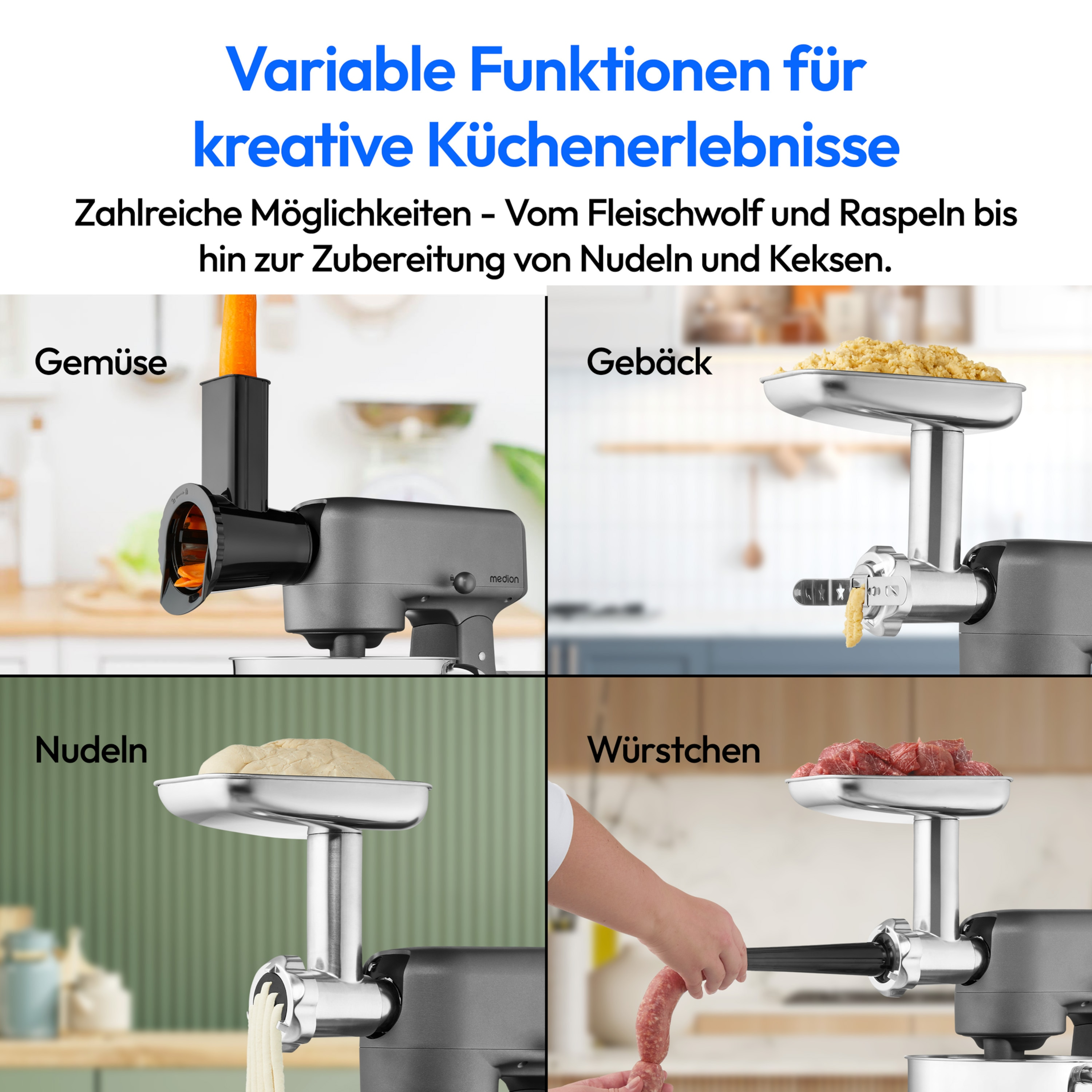 Küchengerät zeigt vier verschiedene Funktionen: Gemüse, Backwaren, Nudeln und Würstchen.