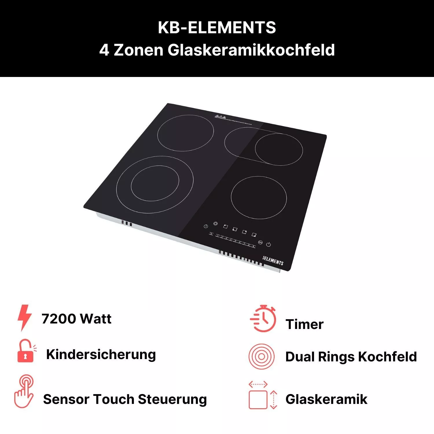 Schwarzes Cerankochfeld mit vier Kochstellen, mit Symbolen für Funktionen wie Timer und Kindersicherung.