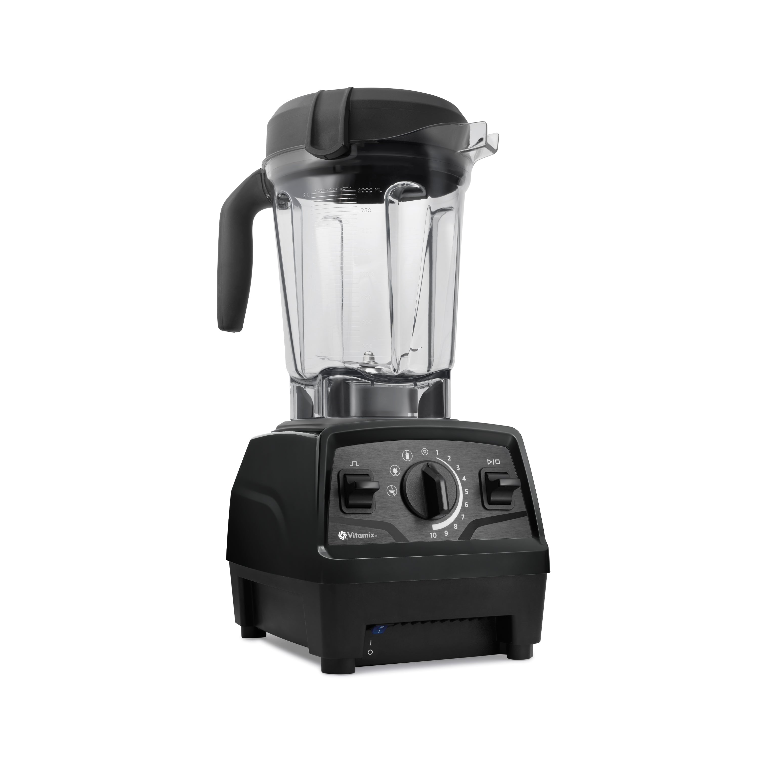 Ein schwarzer Vitamix-Mixer mit transparentem Behälter, Bedienfeld und Griff.