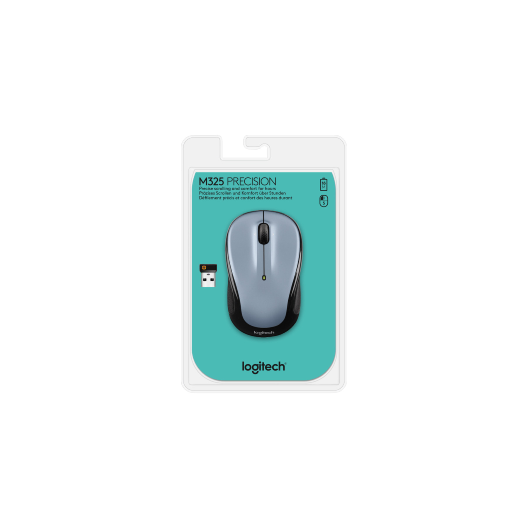 Un mouse in una confezione. È grigio e nero con il marchio Logitech.