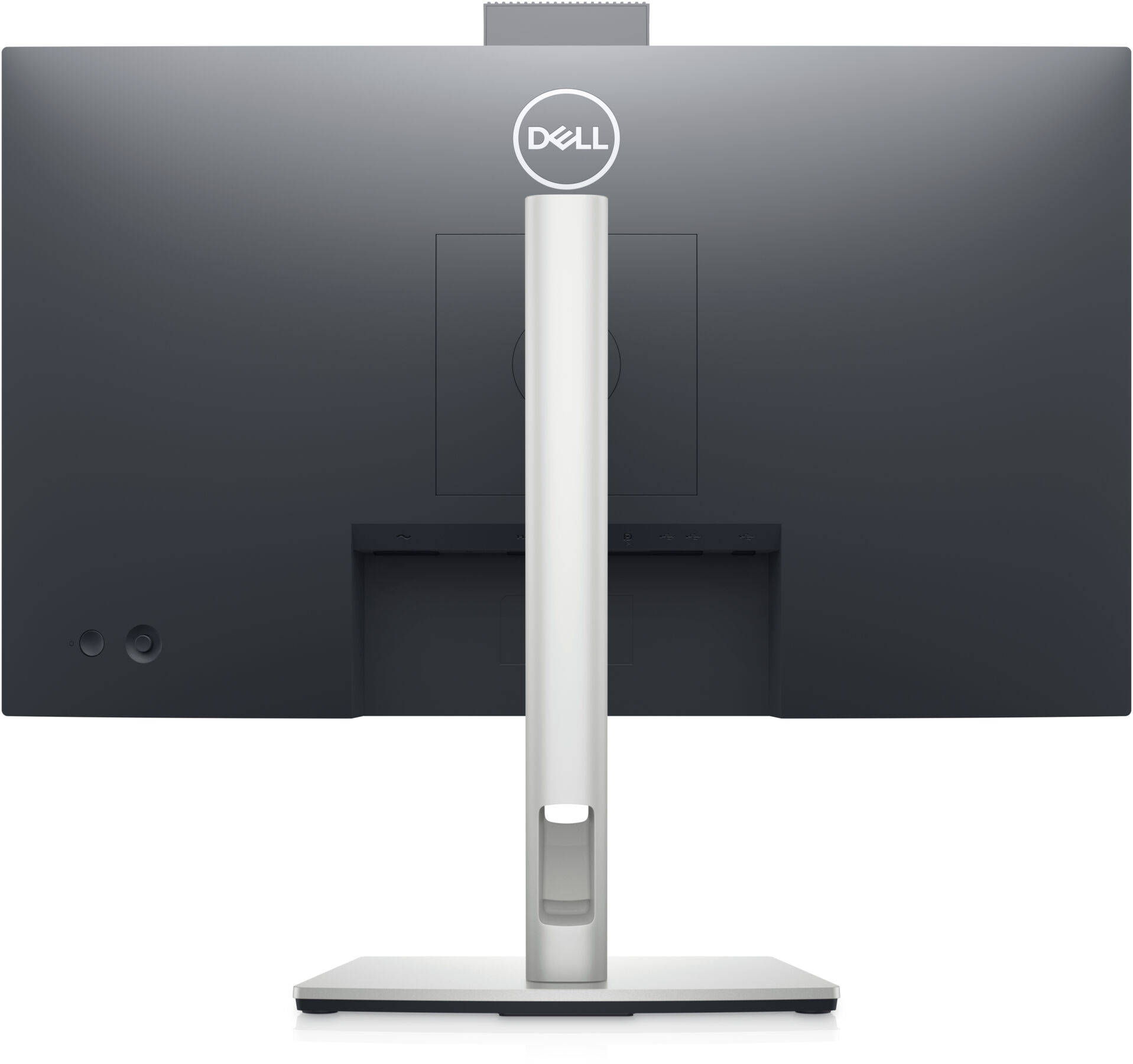 Se muestra la parte trasera de un monitor Dell. Hay un soporte, puertos y el logotipo de Dell.