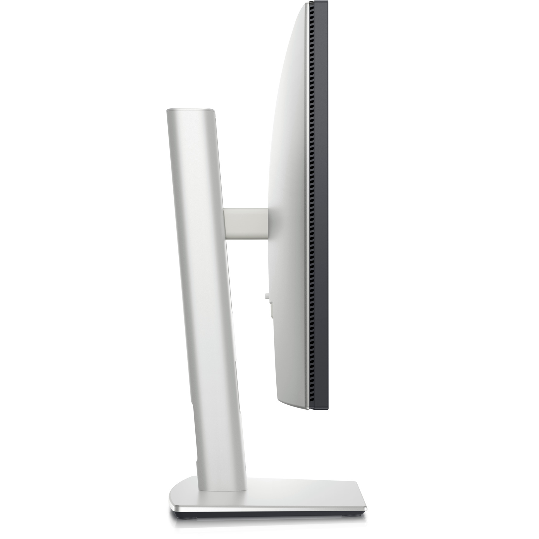 Widok z boku srebrnego monitora komputera z białą podstawą na białym tle.