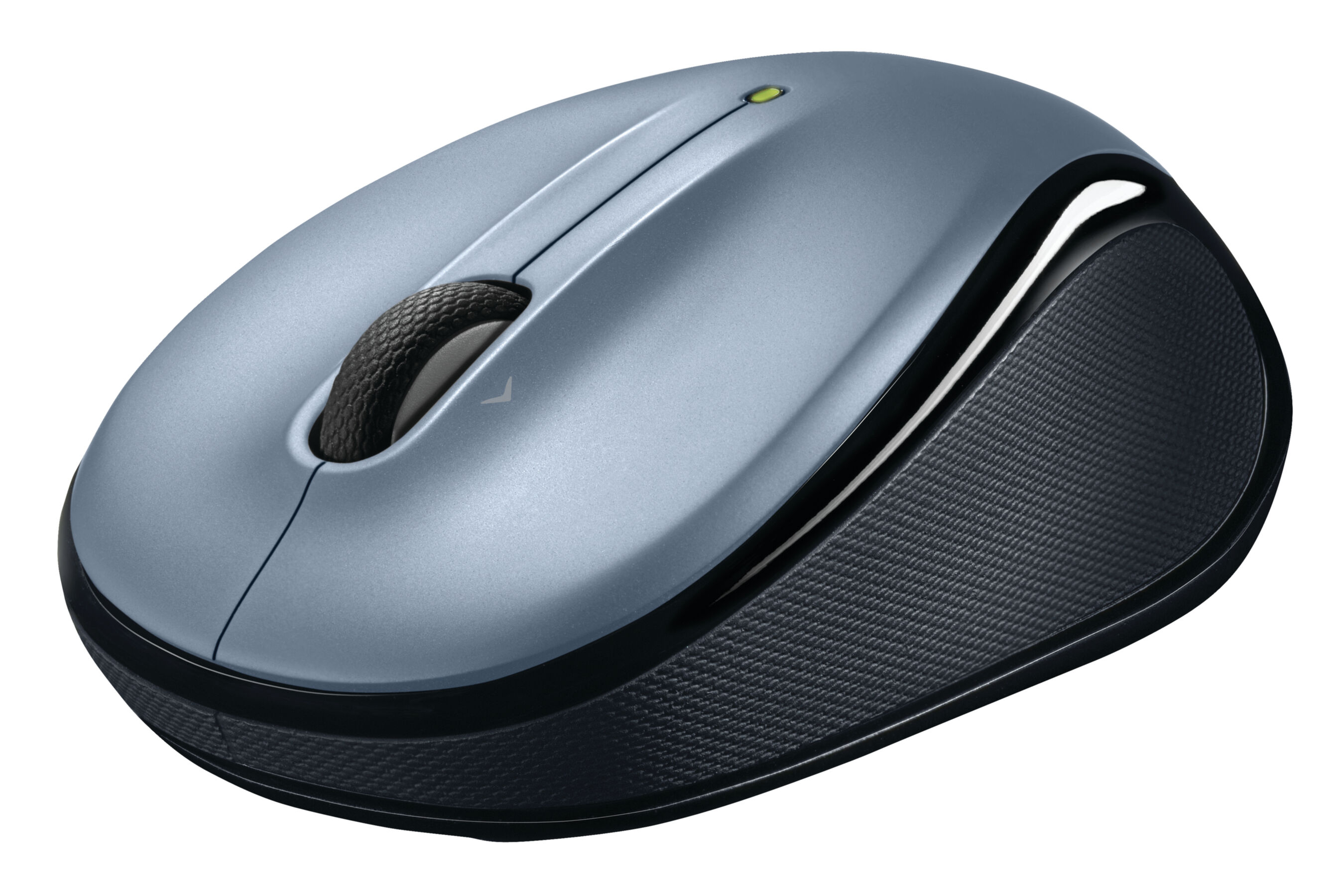 Mouse wireless blu-grigio con rotellina e impugnatura laterale testurizzata.
