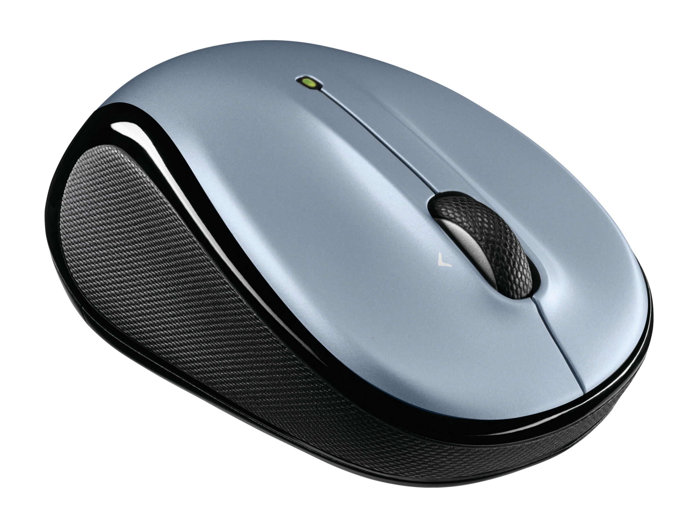 Un mouse wireless azzurro con un'impugnatura grigio scuro e una rotella nera.