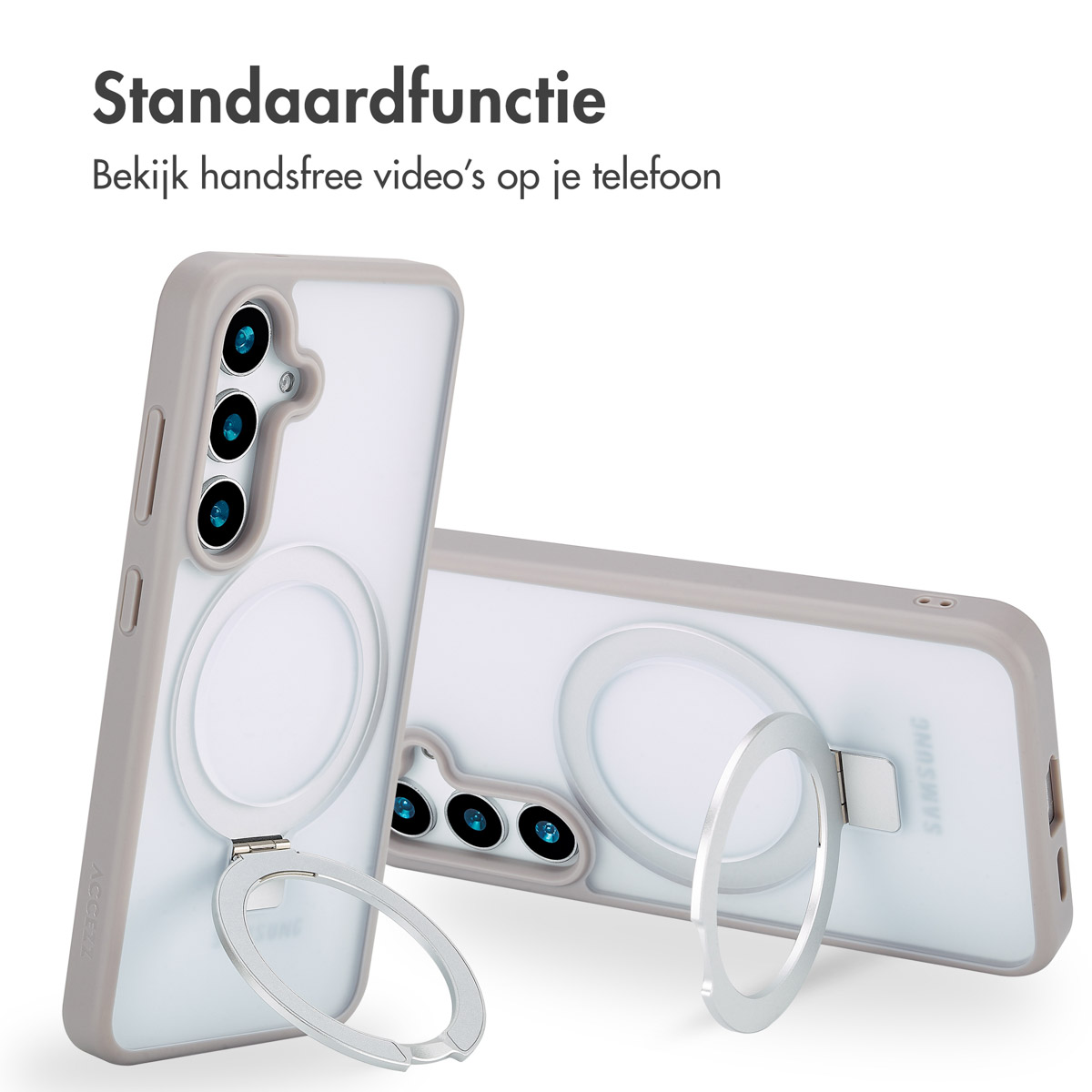 Twee telefoonhoesjes, grijs en transparant, met ringstandaard. Eén staat, de ander ligt.