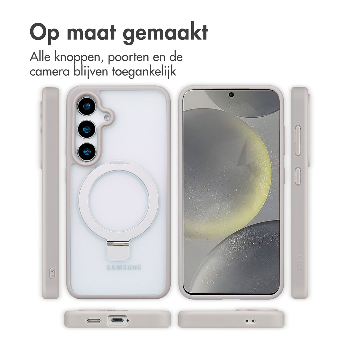 Telefoonhoesje met een ringhouder. Witte hoes met witte ring. Het Samsung logo is zichtbaar.