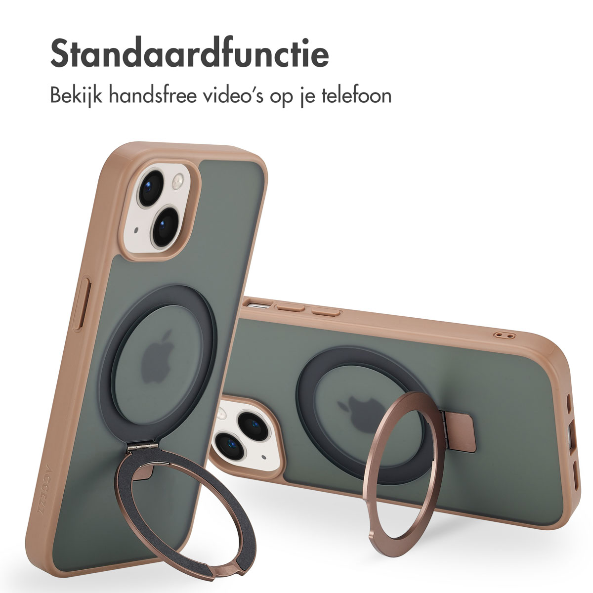 Zwei Handyhüllen, eine geöffnet mit Ringständer, die andere geschlossen. Text: 'Standfunktion'.