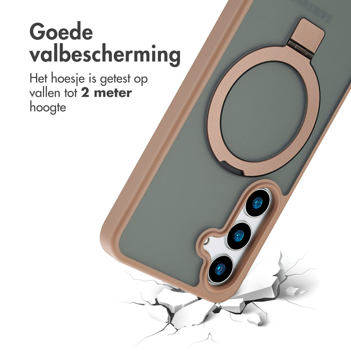 Étui de téléphone avec anneau, couleurs marron et gris. L'étui tombe, avec des fissures au sol.