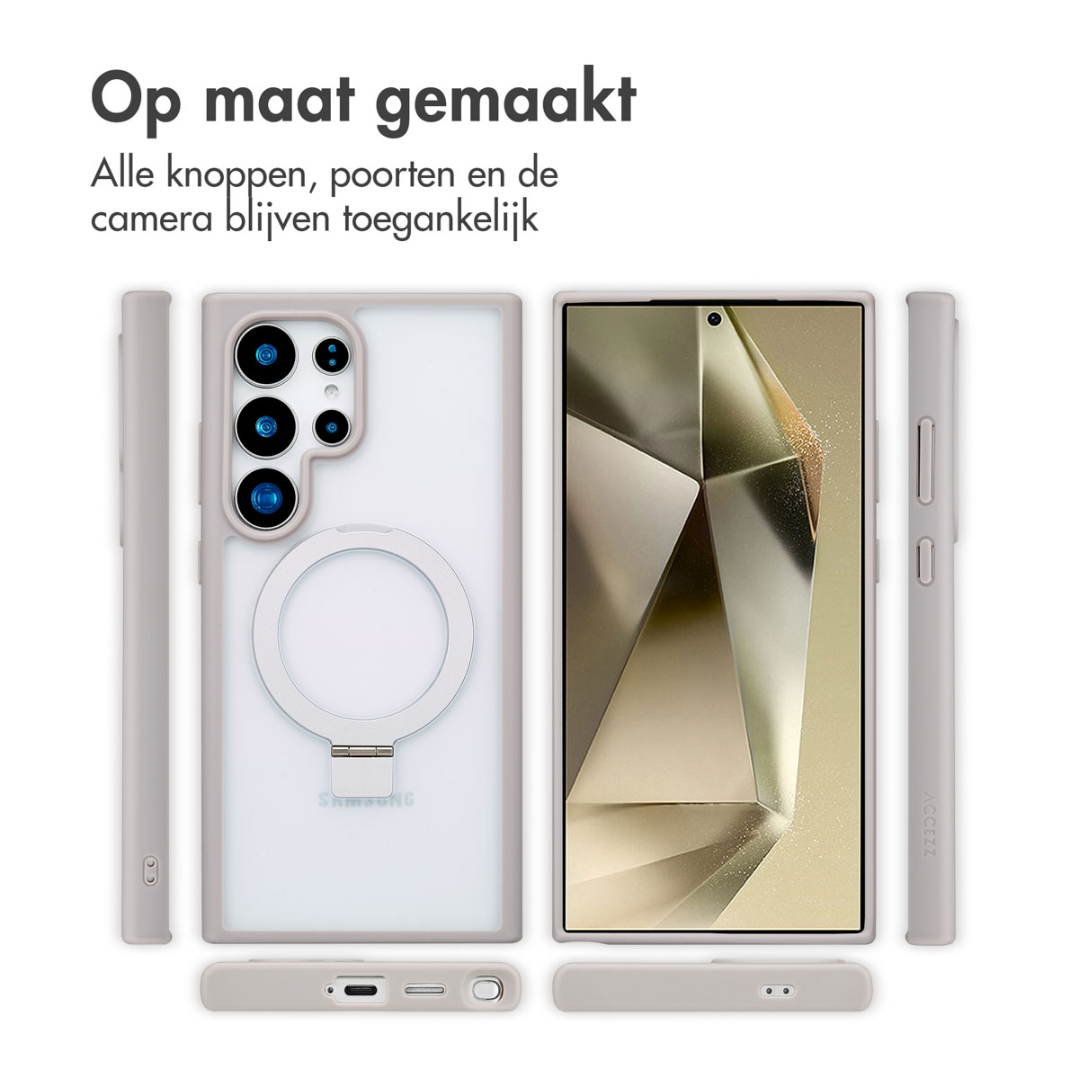 Handyhülle mit Ringhalter. Grau und transparent, mit Telefon darin. Text oben.