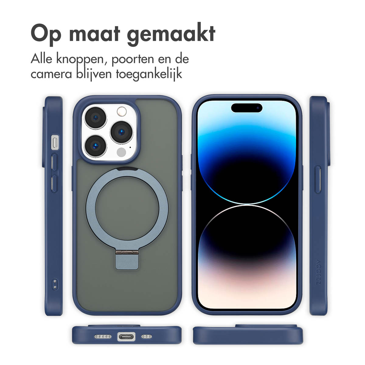 Coque de téléphone bleue avec iPhone. Plusieurs vues sur fond blanc.