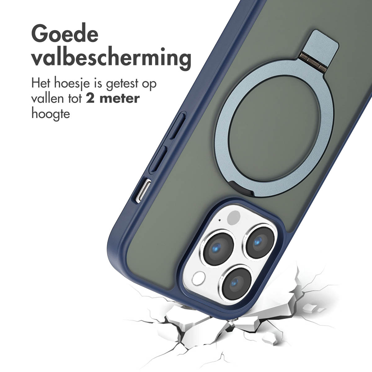 Une coque de téléphone avec un support de bague et le texte "Goede valbescherming", avec le téléphone sur une surface fissurée.