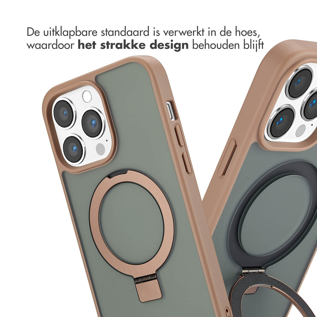 Deux coques de téléphone, avec un support d'anneau, en marron et vert sur fond blanc.