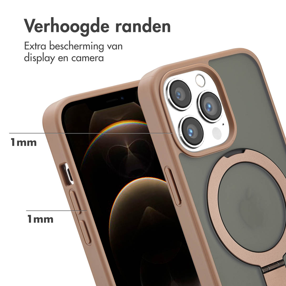 Gros plan sur une coque de téléphone avec anneau. Texte: Protection supplémentaire pour l'écran et la caméra.
