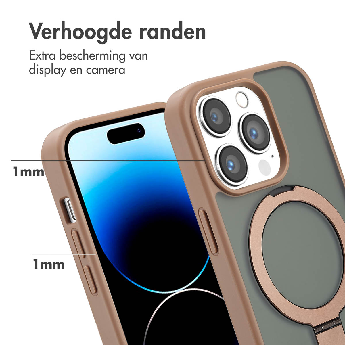 Coque de téléphone avec bords surélevés, dos vert et support d'anneau.