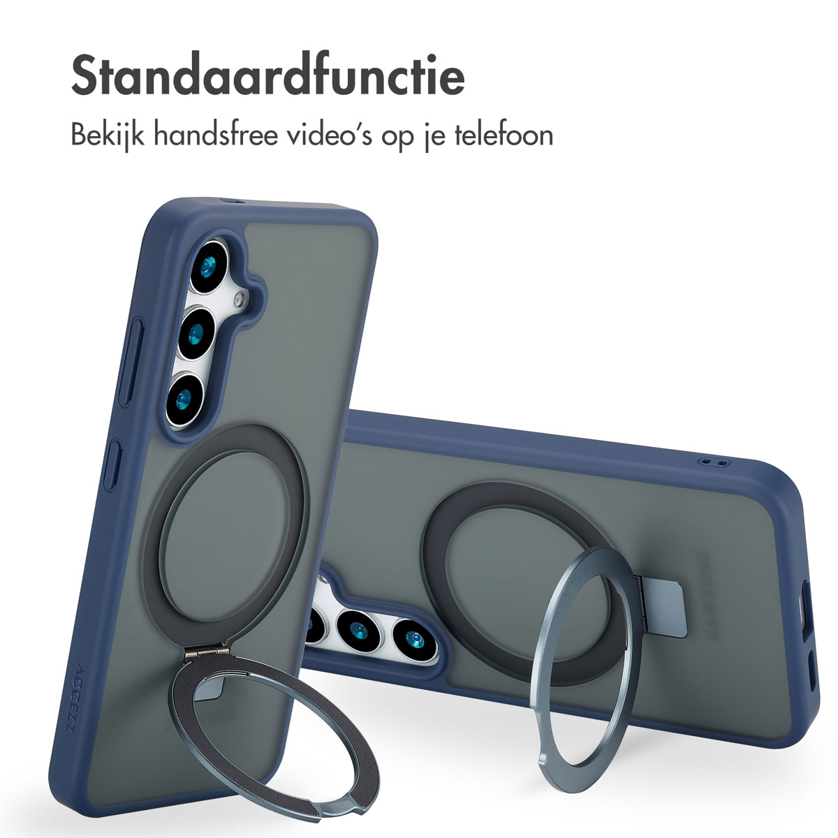 Twee telefoonhoesjes in een blauw- en grijsschema. De hoes heeft een ringhouder.