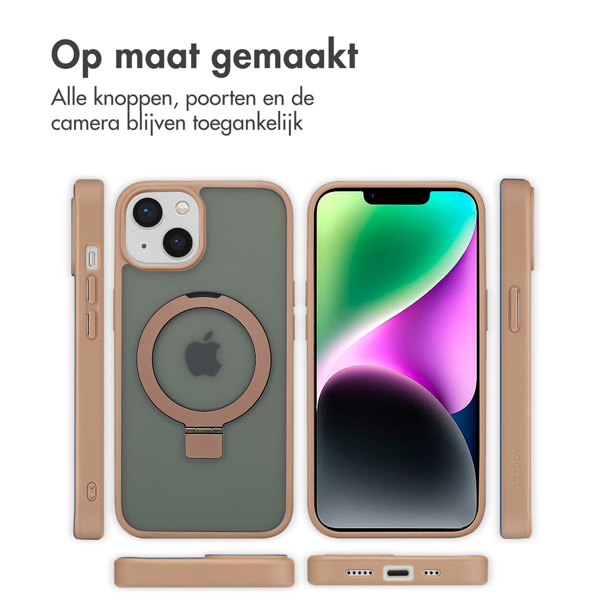 Telefoonhoesje met telefoon erin. Meerdere weergaven tonen knoppen, poorten en camera toegang. Beige en groene kleuren.
