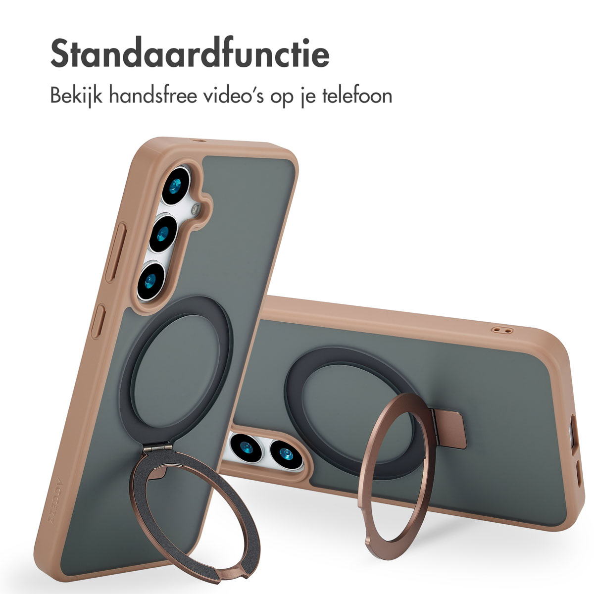 Deux coques de téléphone dans un schéma de couleurs marron et gris. La coque a un porte-anneau.