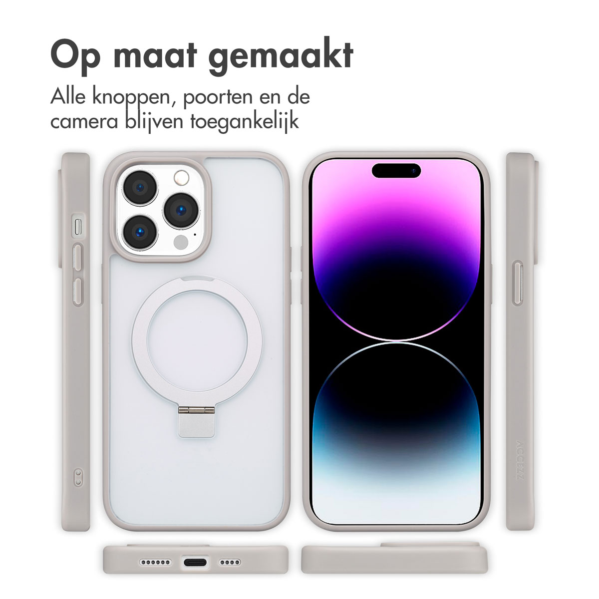 Coque de téléphone avec téléphone à l'intérieur. La coque est gris clair. Texte : 'Op maat gemaakt'.