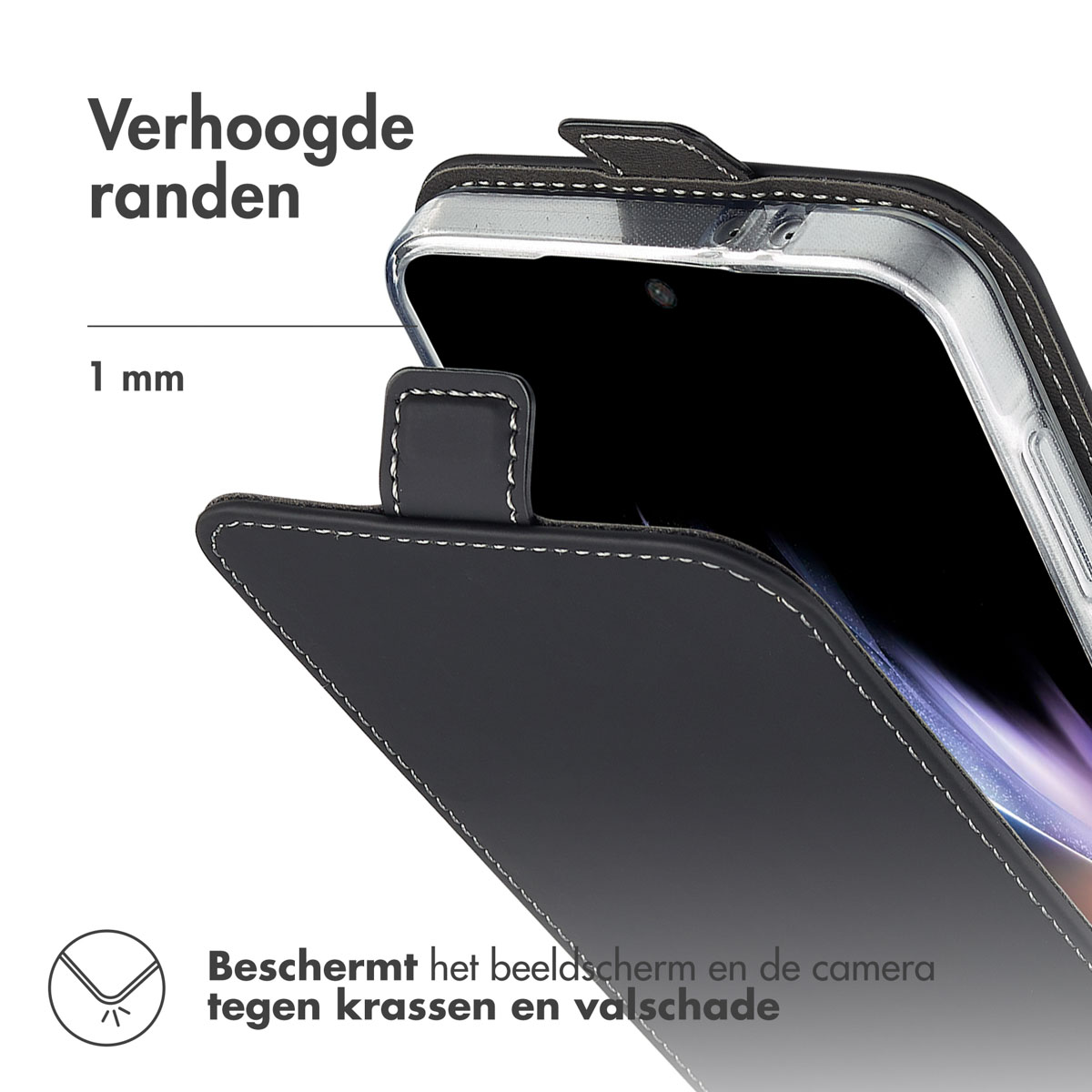 Une coque de téléphone noire, ouverte pour montrer l'écran, avec des coutures blanches sur les bords.
