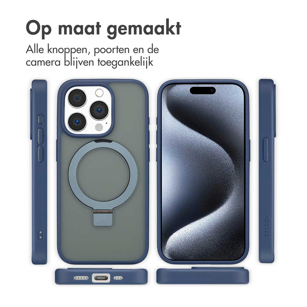 Telefoonhoesjes, die een telefoon met hoesjes in verschillende aanzichten tonen. De hoesjes zijn blauw en de telefoon zwart.